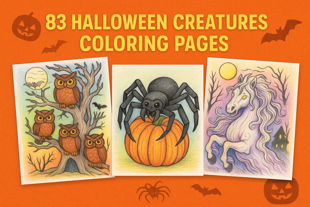 Halloween creature illustrations featuring owls perched on a tree, a spider on a pumpkin, and a ghostly white horse under the moon, free printable designs.