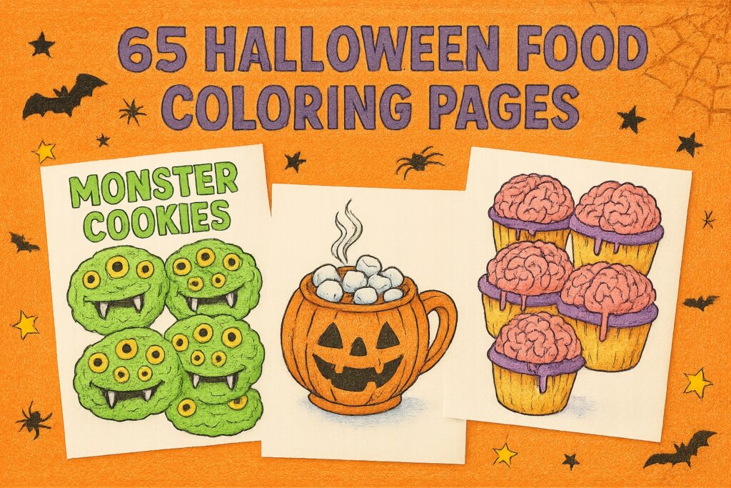 Halloween food illustrations featuring monster cookies with fangs and eyes, a jack-o’-lantern mug of hot cocoa, and zombie brain cupcakes, free printable designs.