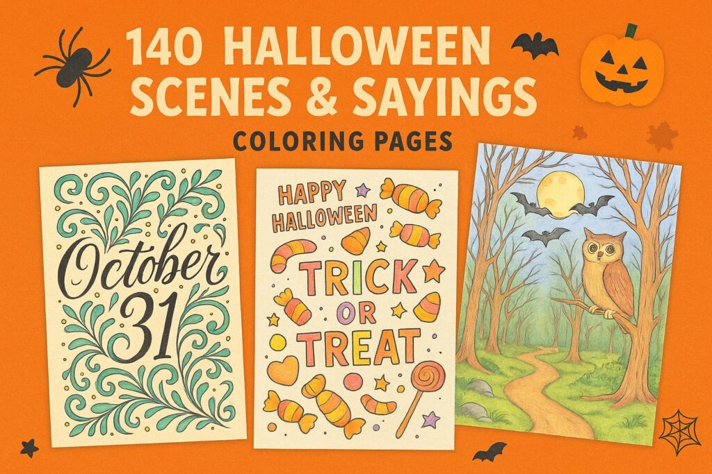 Halloween scenes and sayings color sheets featuring 'October 31' lettering, a Trick or Treat candy design, and a moonlit forest with an owl and bats, free PDF downloads