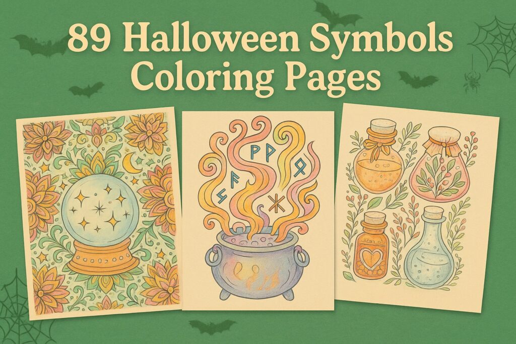 Halloween symbols artwork featuring a crystal ball with floral patterns, a bubbling cauldron with magical runes, and potion bottles with leaves, PDF printables