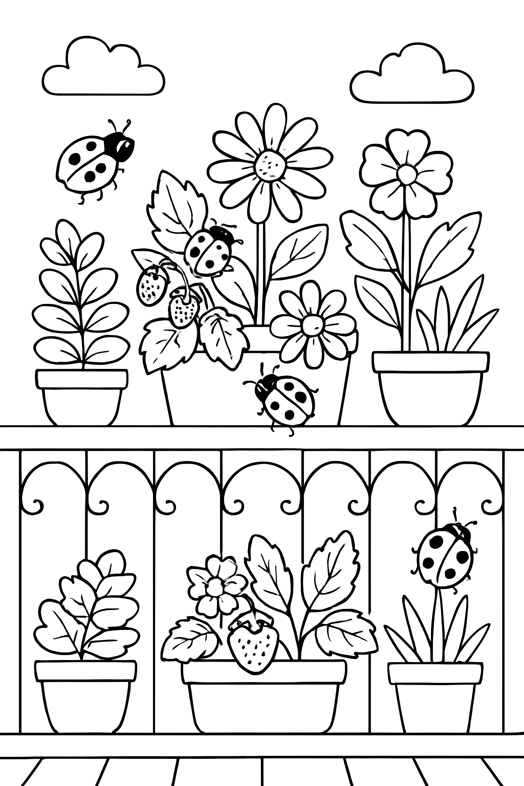 A balcony garden with various potted plants and ladybugs, including flowers and strawberries