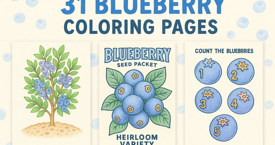 Three completed blueberry coloring pages displayed under the title ‘31 Blueberry Coloring Pages,’ featuring a blueberry bush, a vintage seed packet labeled ‘Blueberry Heirloom Variety,’ and a counting activity with numbered blueberries.
