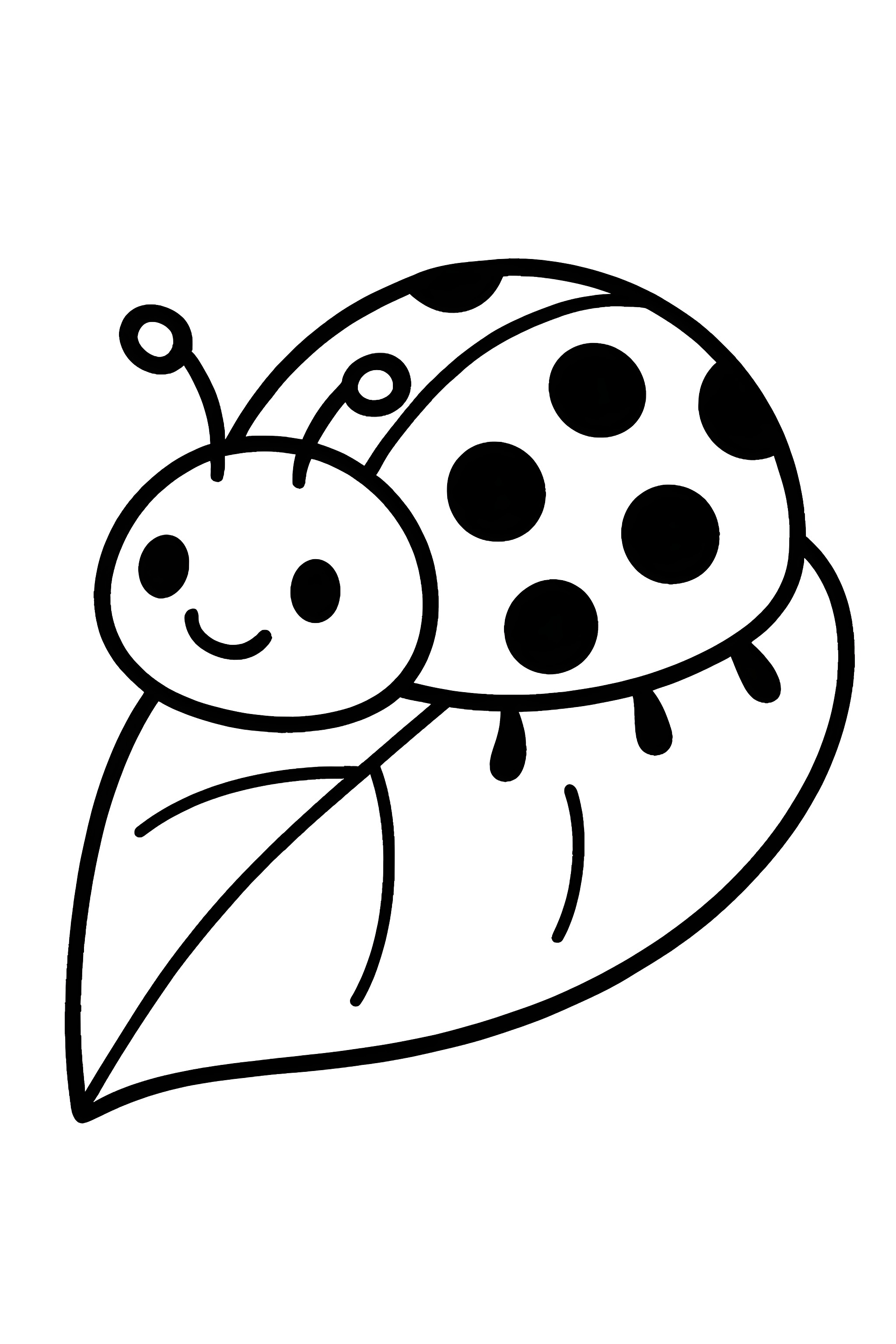 Coloring page of a smiling ladybug resting on a large green leaf with distinct black spots and antennae
