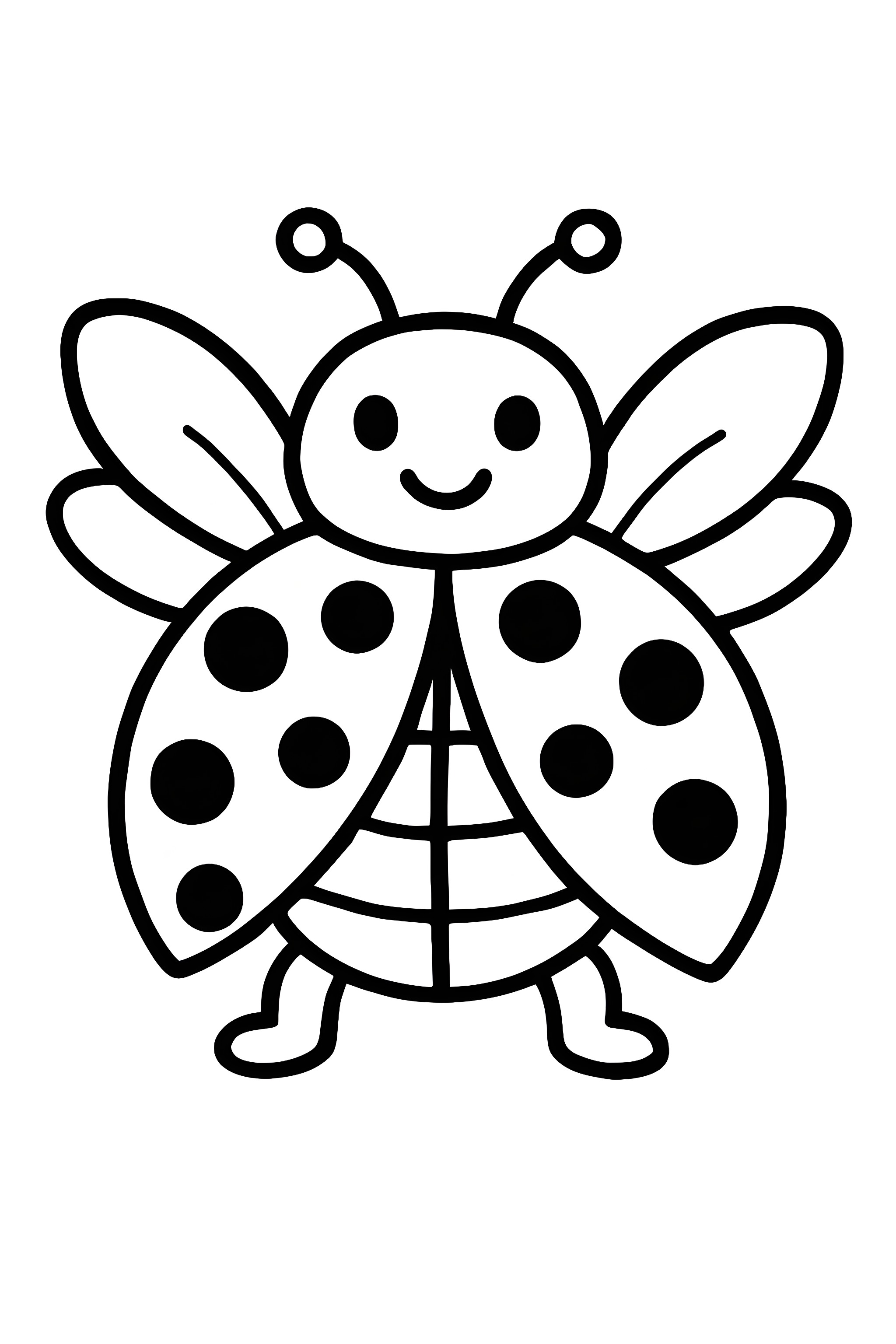 Coloring page of a cheerful ladybug with wings spread open, featuring a smiling face and prominent black spots