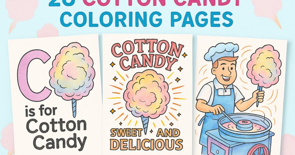 Three completed cotton candy coloring pages displayed under the title ‘26 Cotton Candy Coloring Pages,’ featuring a letter C with a cotton candy cone, a poster reading ‘Cotton Candy Sweet and Delicious,’ and a smiling vendor spinning cotton candy.