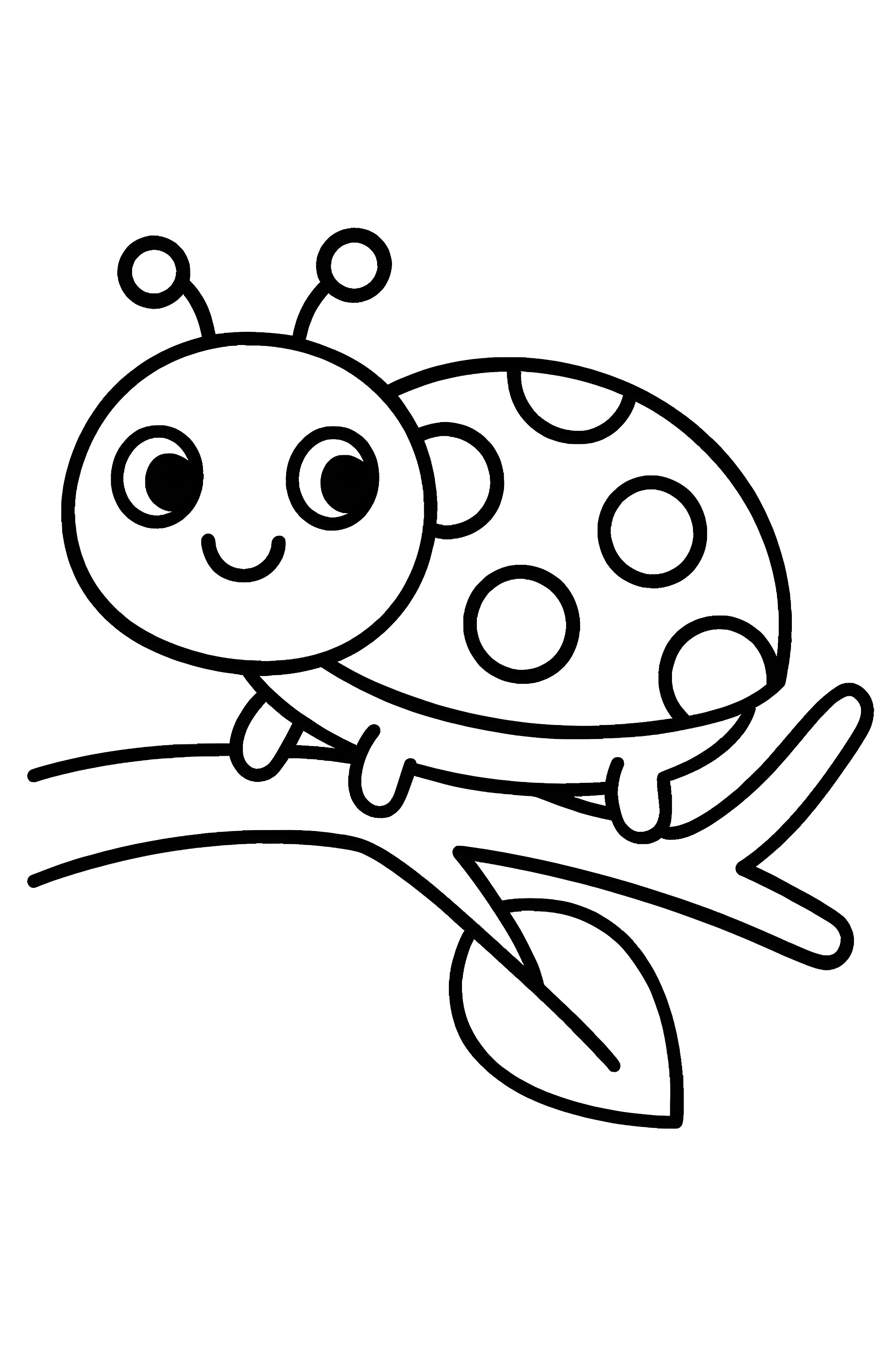 Coloring page of a cute ladybug sitting on a branch with a leaf, featuring large eyes and polka dots on its back