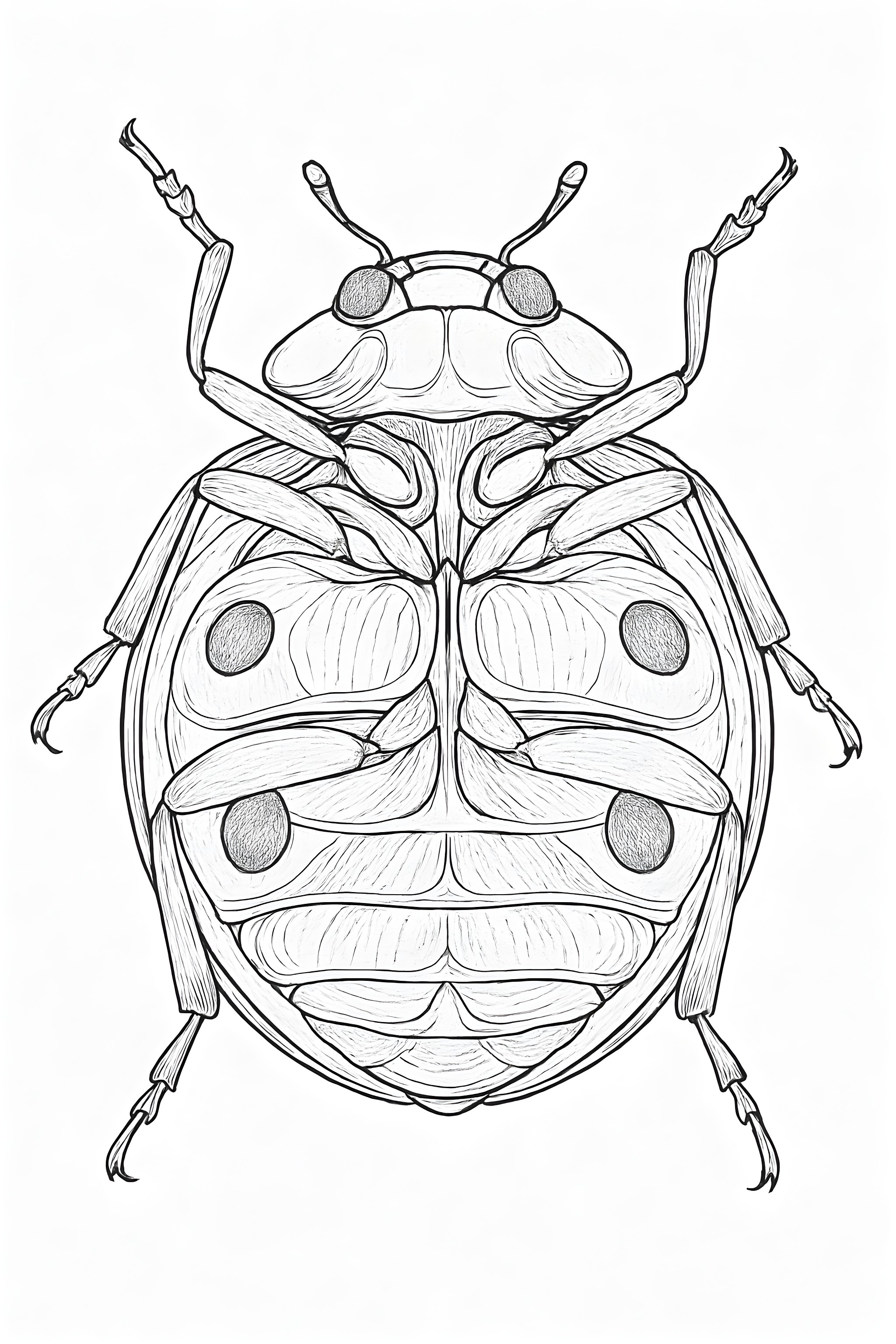 Coloring page featuring a detailed underside view of a ladybug with distinct markings and body structure