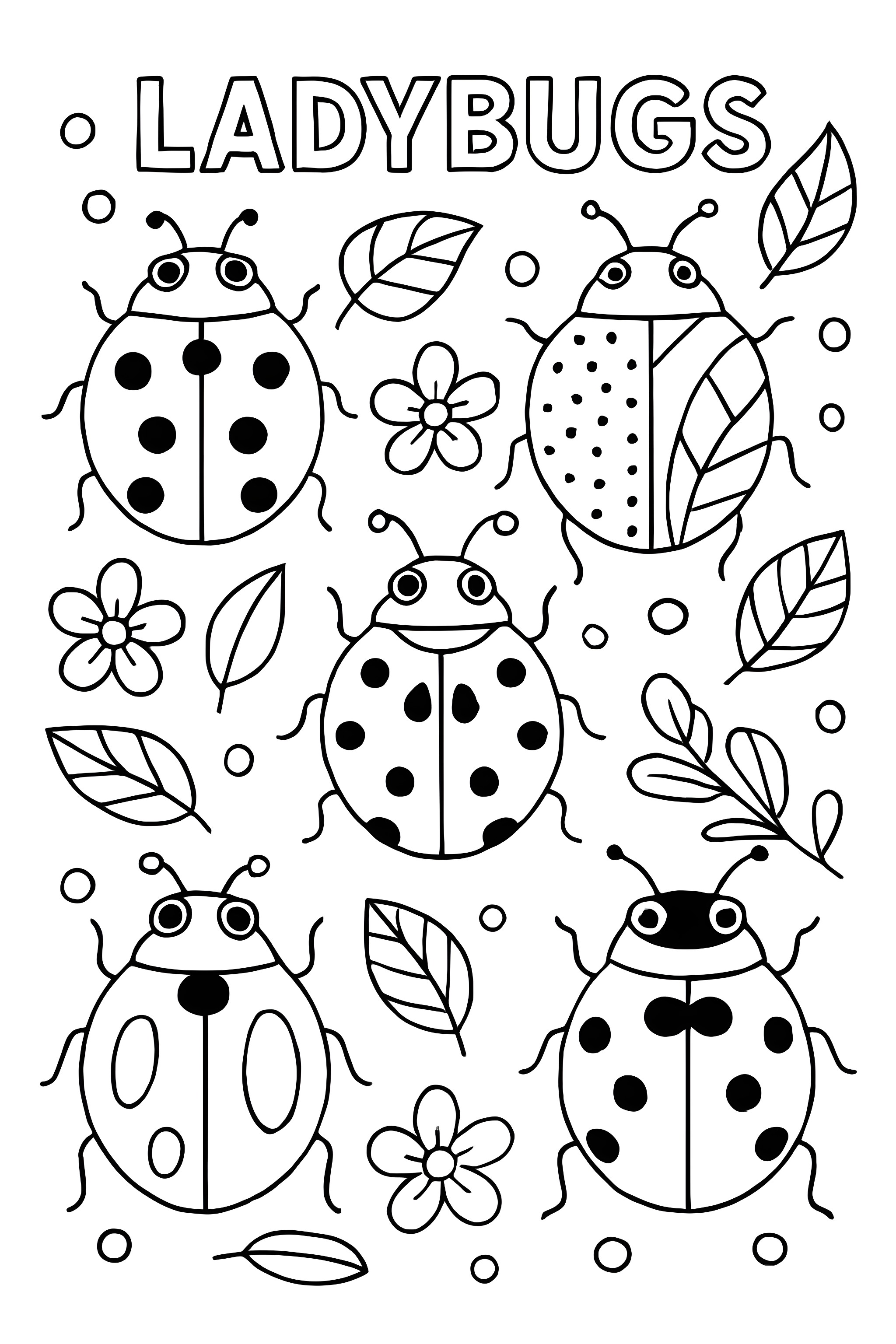 Coloring page featuring six different ladybug species, leaves, and flowers, with varied patterns and designs