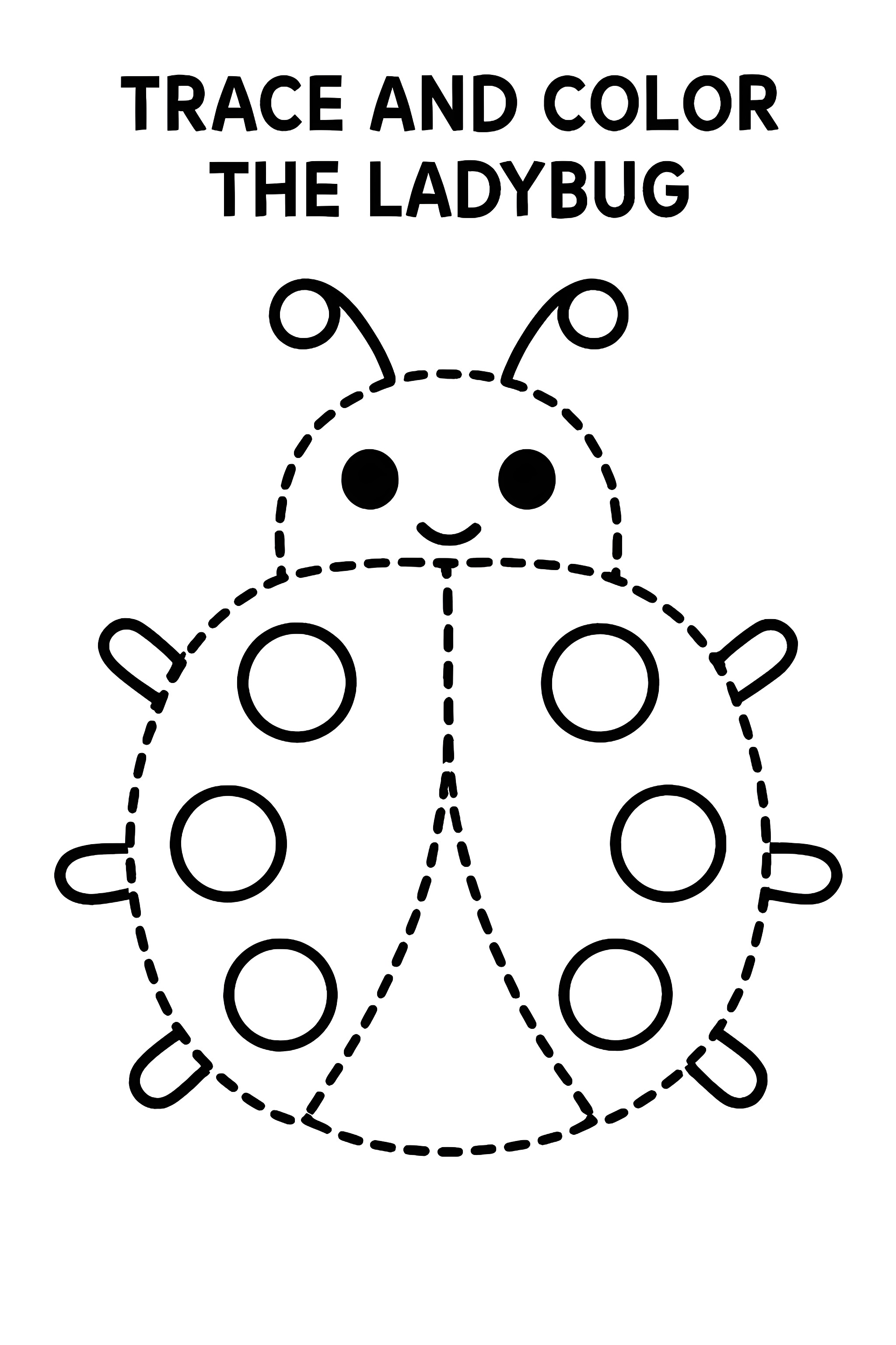 Coloring page featuring a ladybug with a dotted outline, simple facial features, and circular spots on its shell