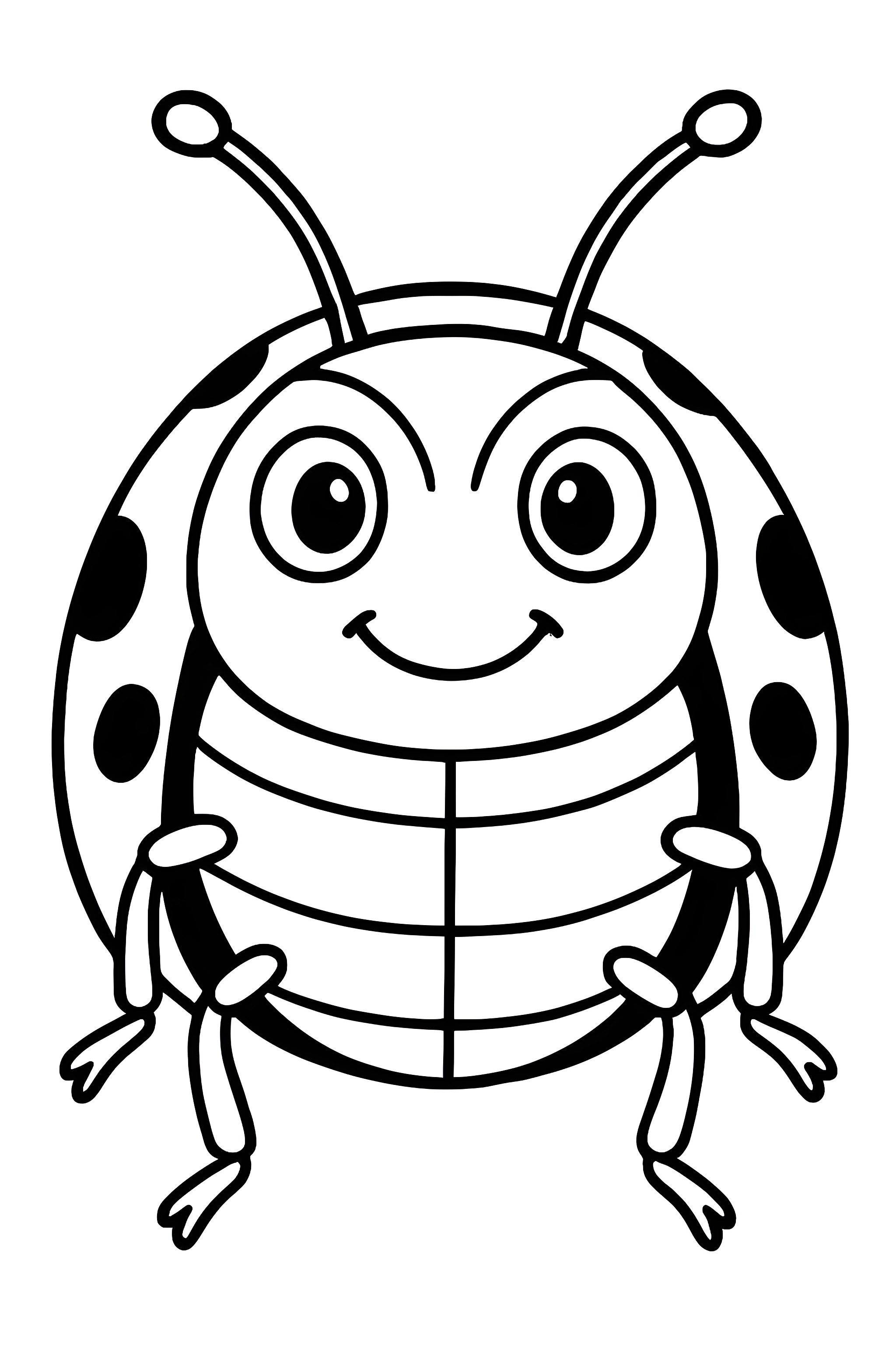 Coloring page of a ladybug face featuring large eyes and characteristic spots, posed frontally with antennae visible