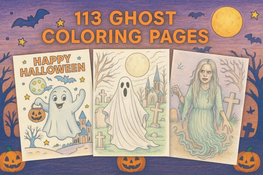 Ghost coloring pages featuring a cartoon ghost with a jack-o’-lantern candy bucket, a graveyard ghost under a full moon, and a haunting spectral woman, free printable collection.