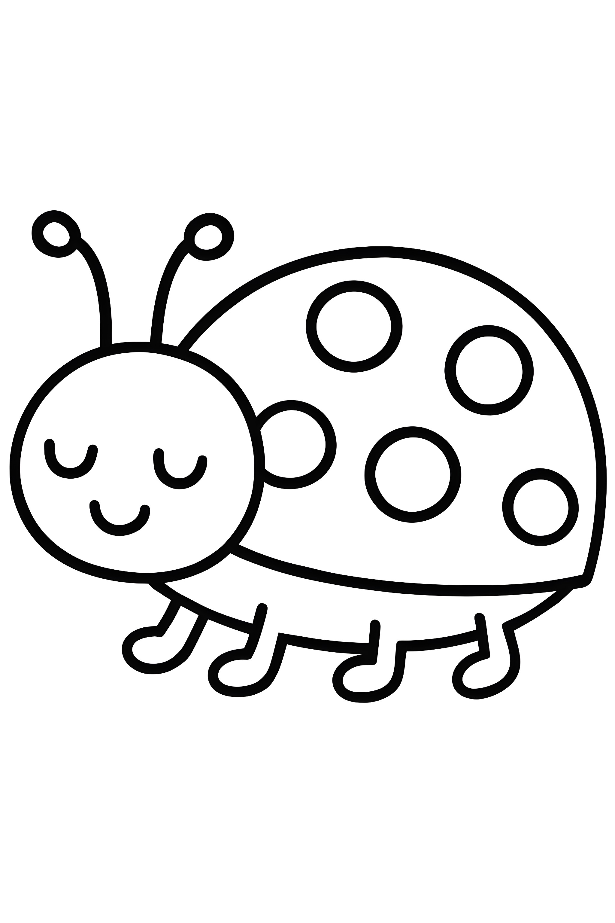 Coloring page of a ladybug with a rounded body, closed wings, and a smiling face with two antennae