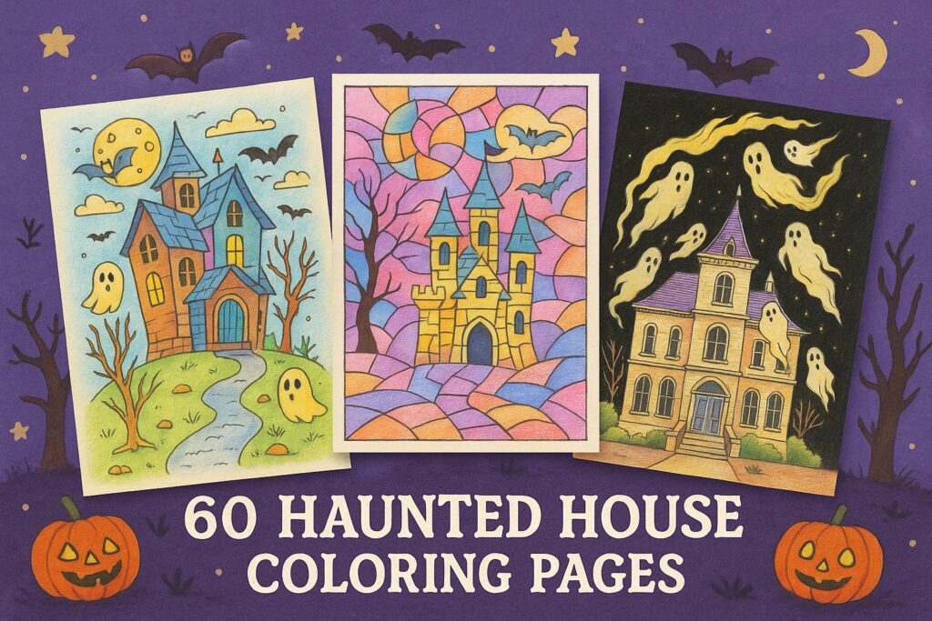 Haunted house coloring sheets featuring a spooky mansion with ghosts, a stained-glass style castle, and a haunted Victorian home surrounded by spirits, free printable pdfs