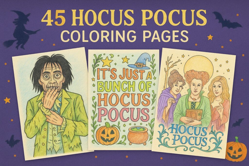 Hocus Pocus coloring pages featuring Billy Butcherson, the quote 'It’s Just a Bunch of Hocus Pocus' with pumpkins and cauldron, and the Sanderson Sisters under a full moon, free PDF collection.