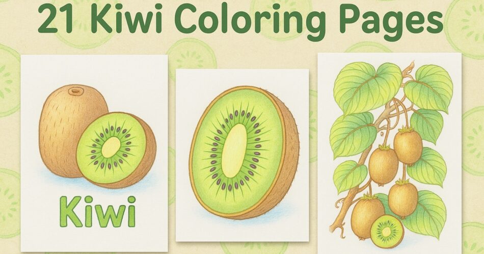 Illustration showing three kiwi-themed coloring pages with the title “21 Kiwi Coloring Pages” above them; one page displays a whole and sliced kiwi with the word “Kiwi,” another shows a close-up kiwi slice, and the third depicts kiwis growing on a leafy vine.