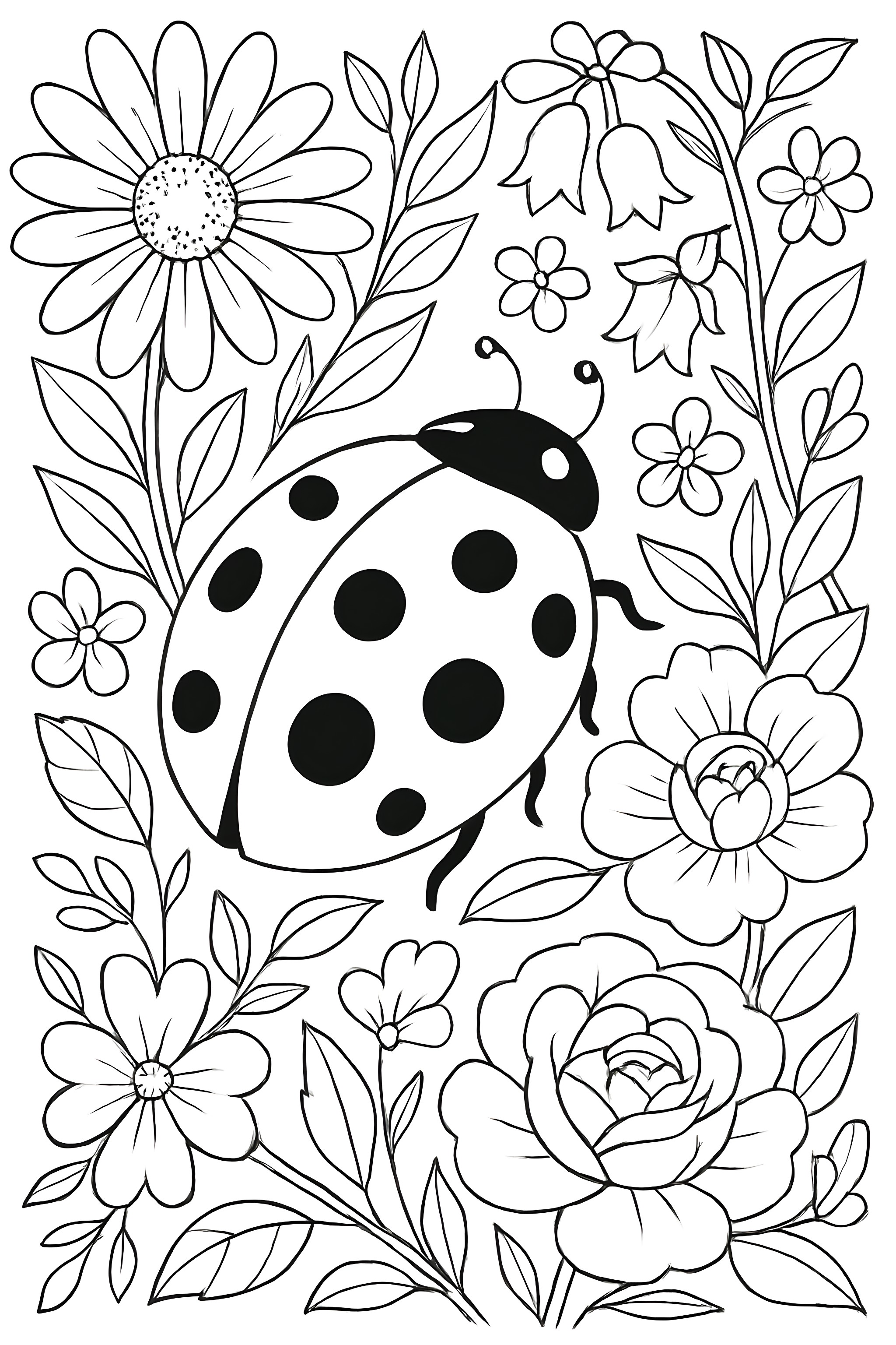 Coloring page featuring a ladybug surrounded by a variety of flowers including daisies and roses in a garden setting
