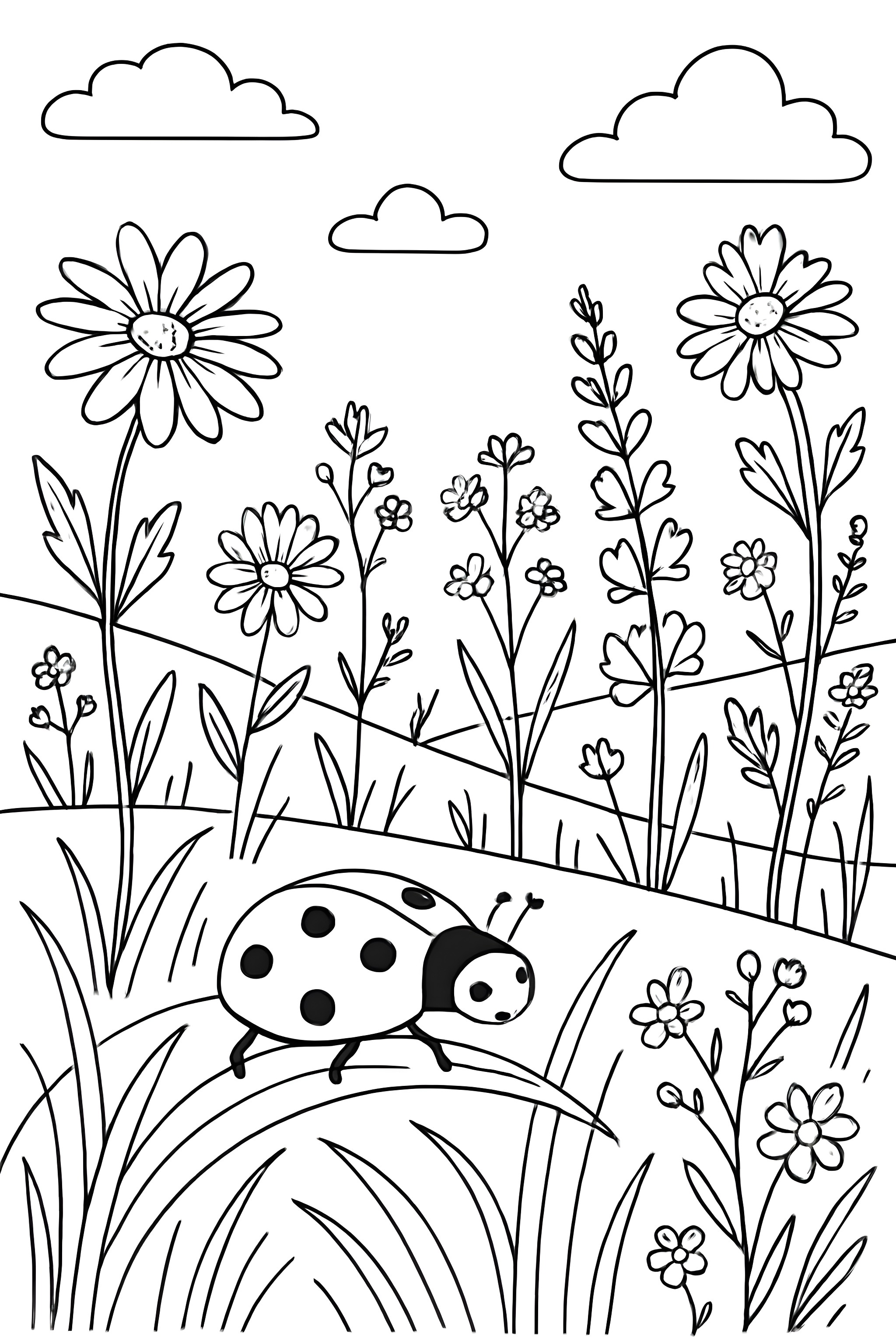 A coloring page featuring a ladybug on a grassy area among various wildflowers and clouds in the sky