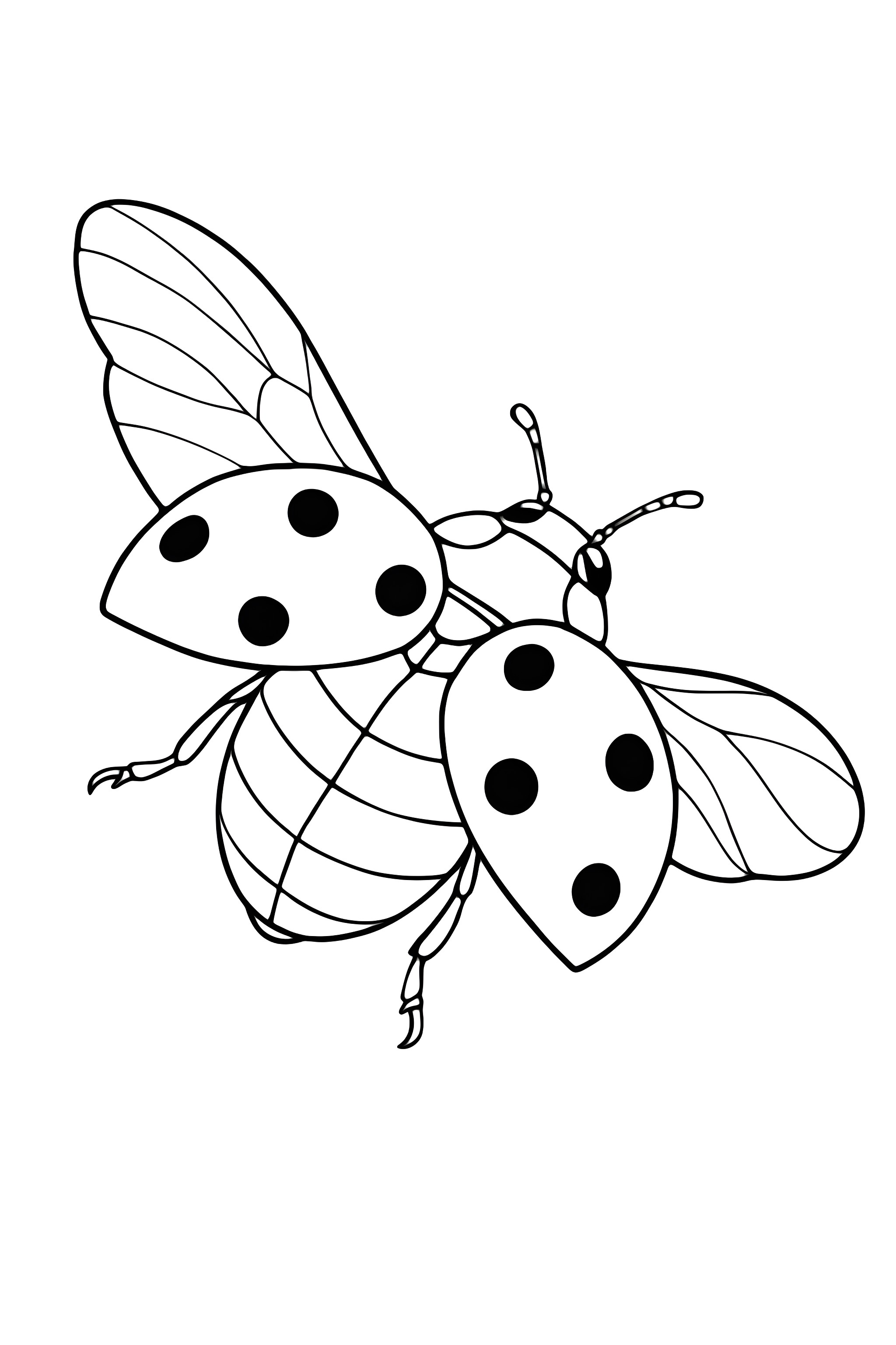 A ladybug captured mid-flight with distinct black spots on its red shell and detailed wings