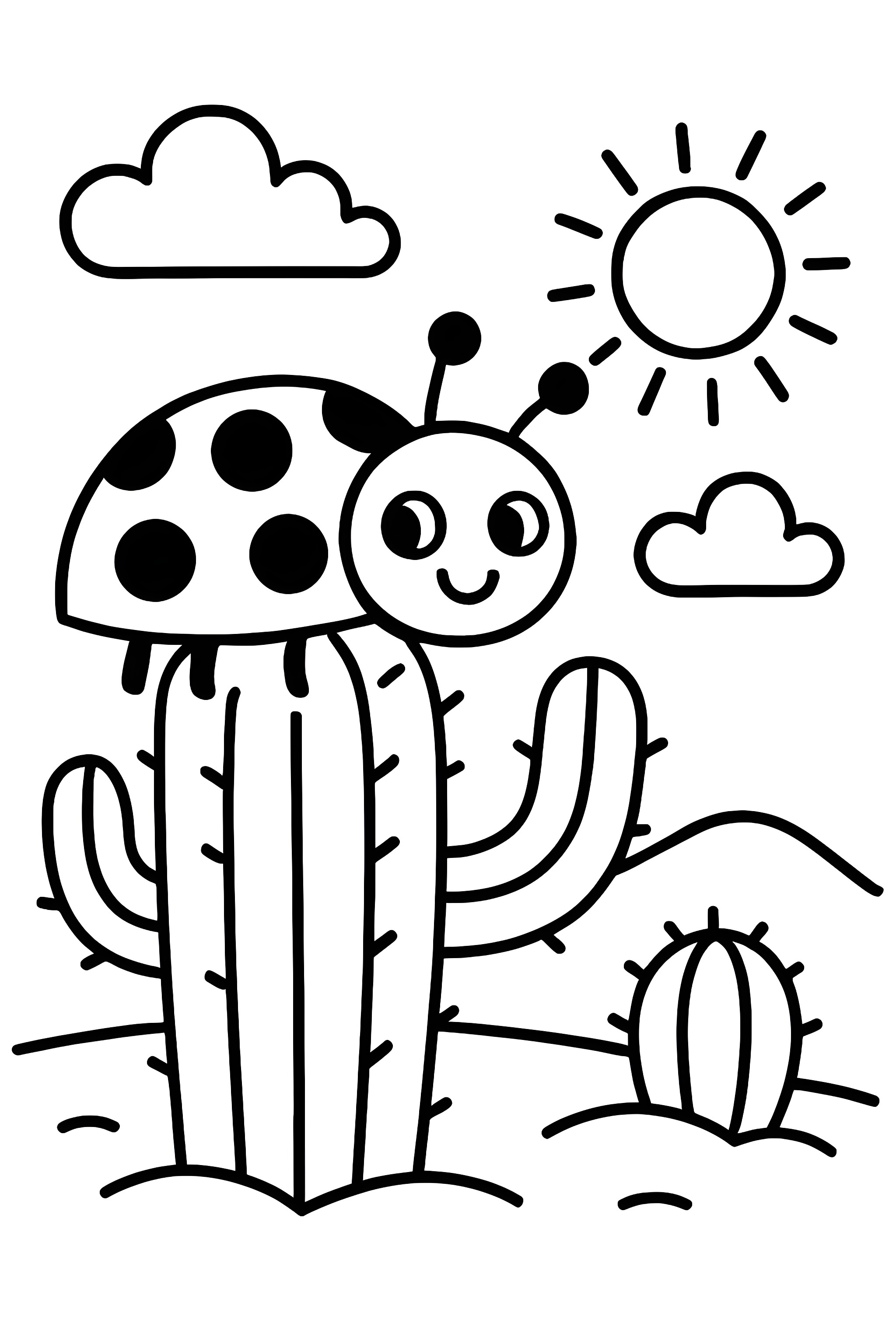 Coloring page featuring a smiling ladybug on a cactus surrounded by desert scenery with clouds and the sun