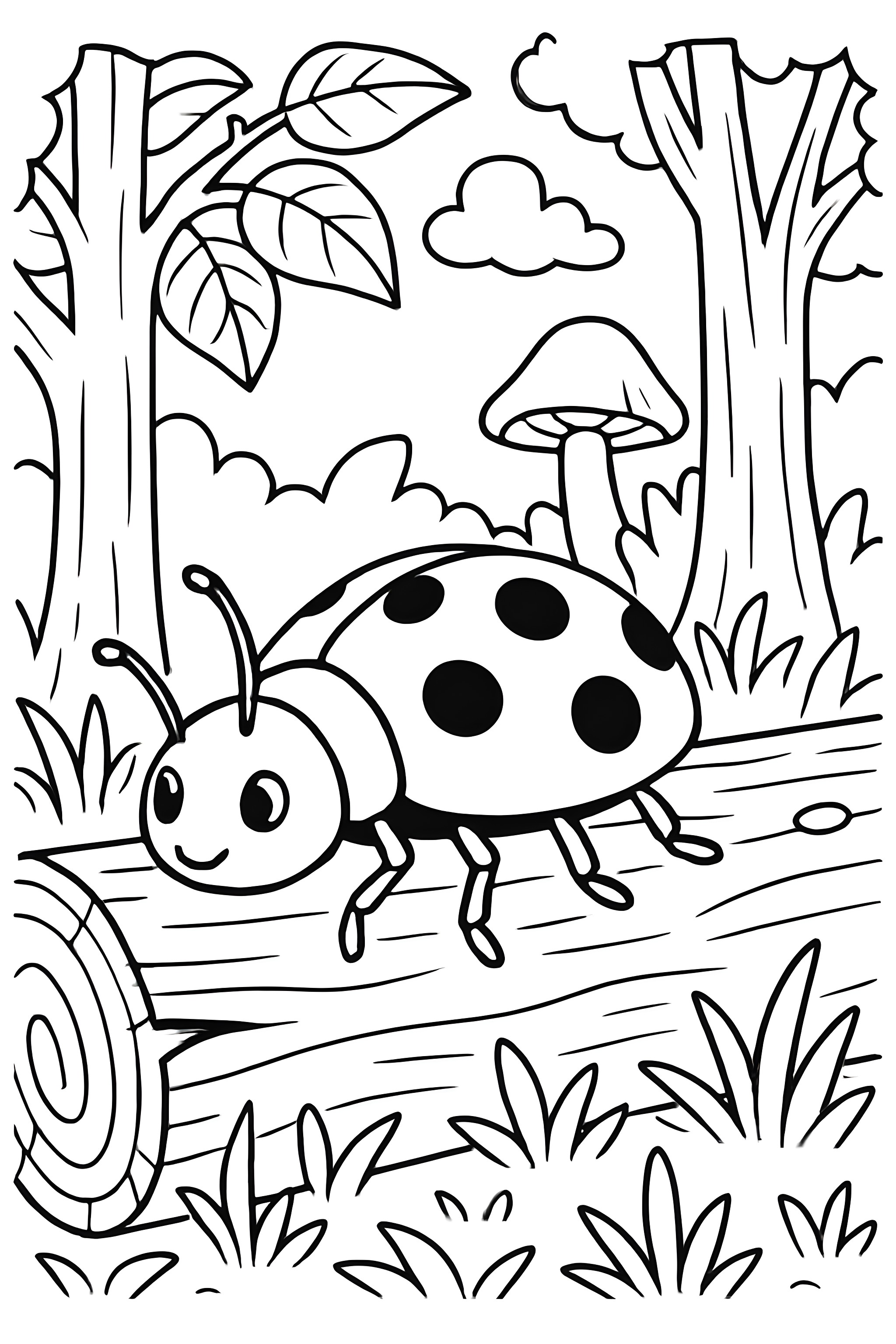 Coloring page featuring a ladybug on a fallen log in a forest setting with trees and a mushroom