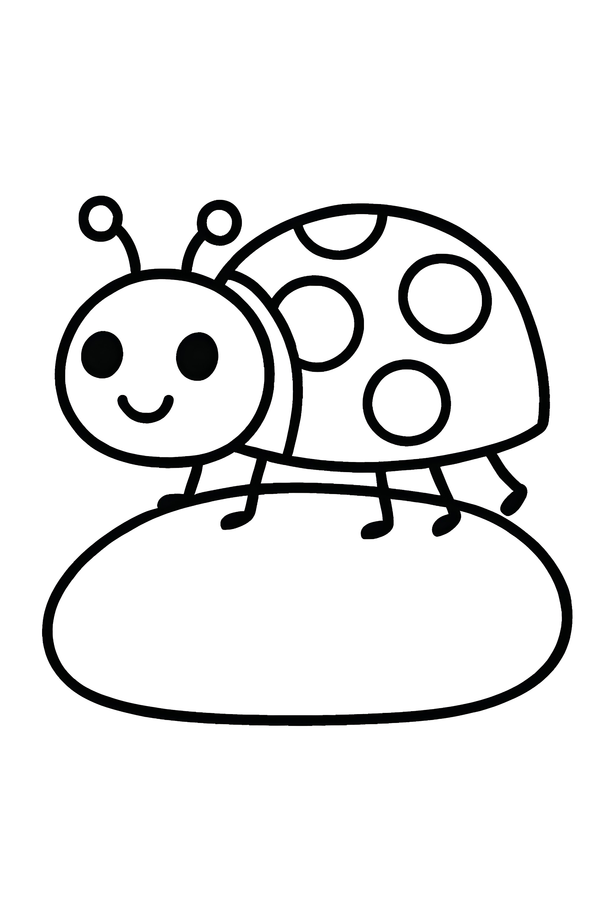 Coloring page of a smiling ladybug walking on a smooth pebble, with distinct polka dots on its shell