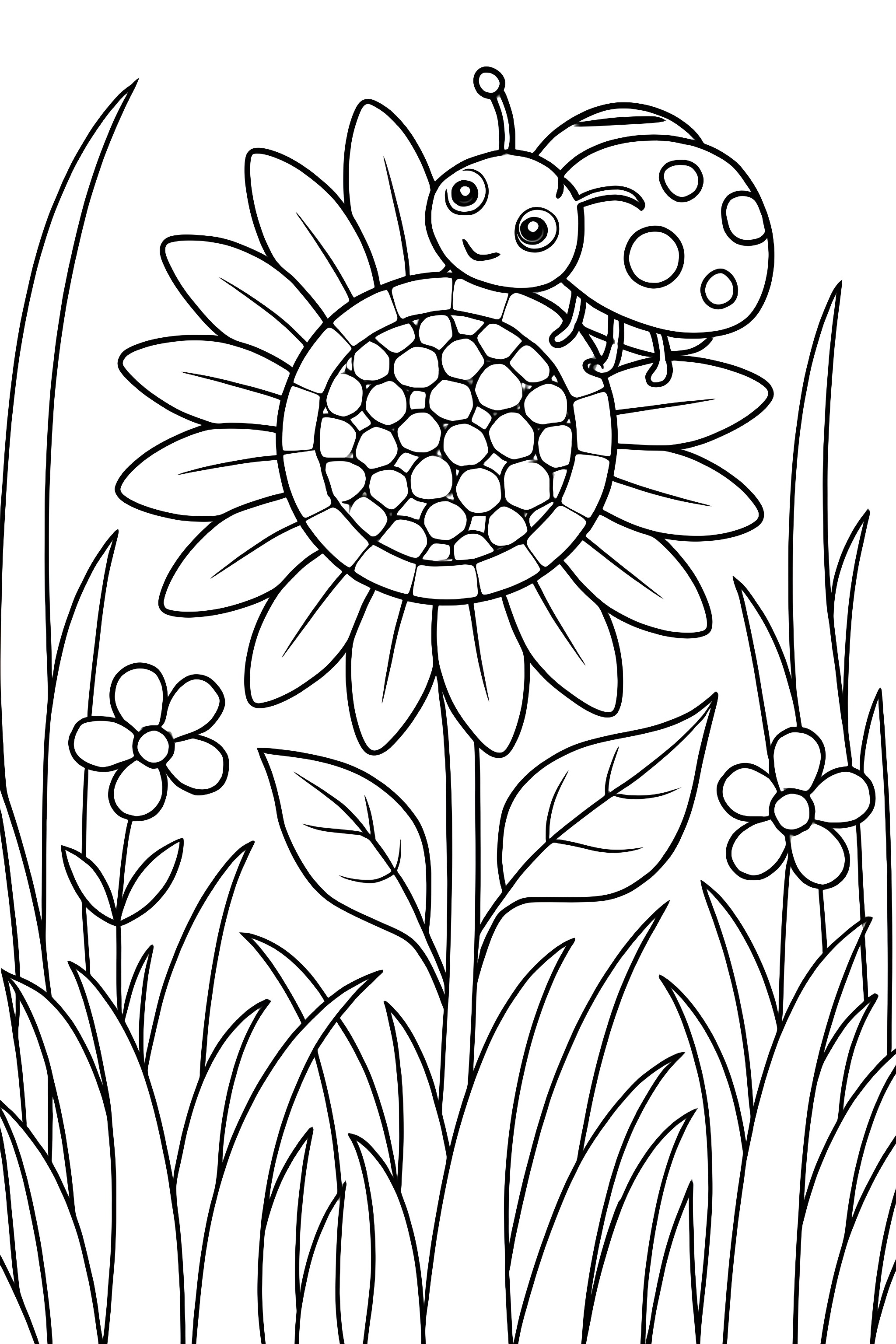 Coloring page featuring a ladybug resting on a large sunflower, surrounded by grass and small flowers, showcasing a serene garden scene