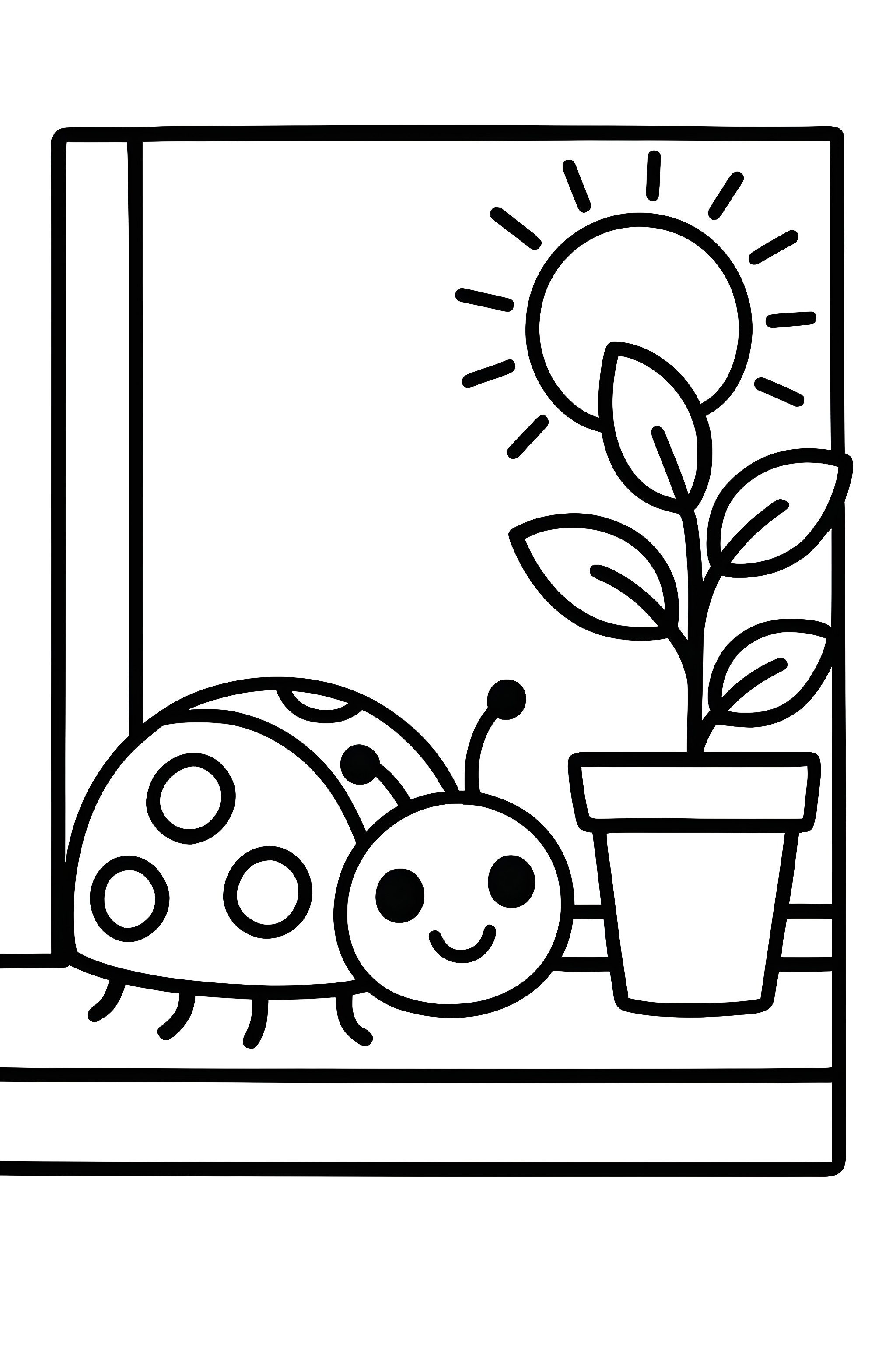 Coloring page of a smiling ladybug on a sunlit windowsill beside a potted plant with leaves and drawn sun in the background