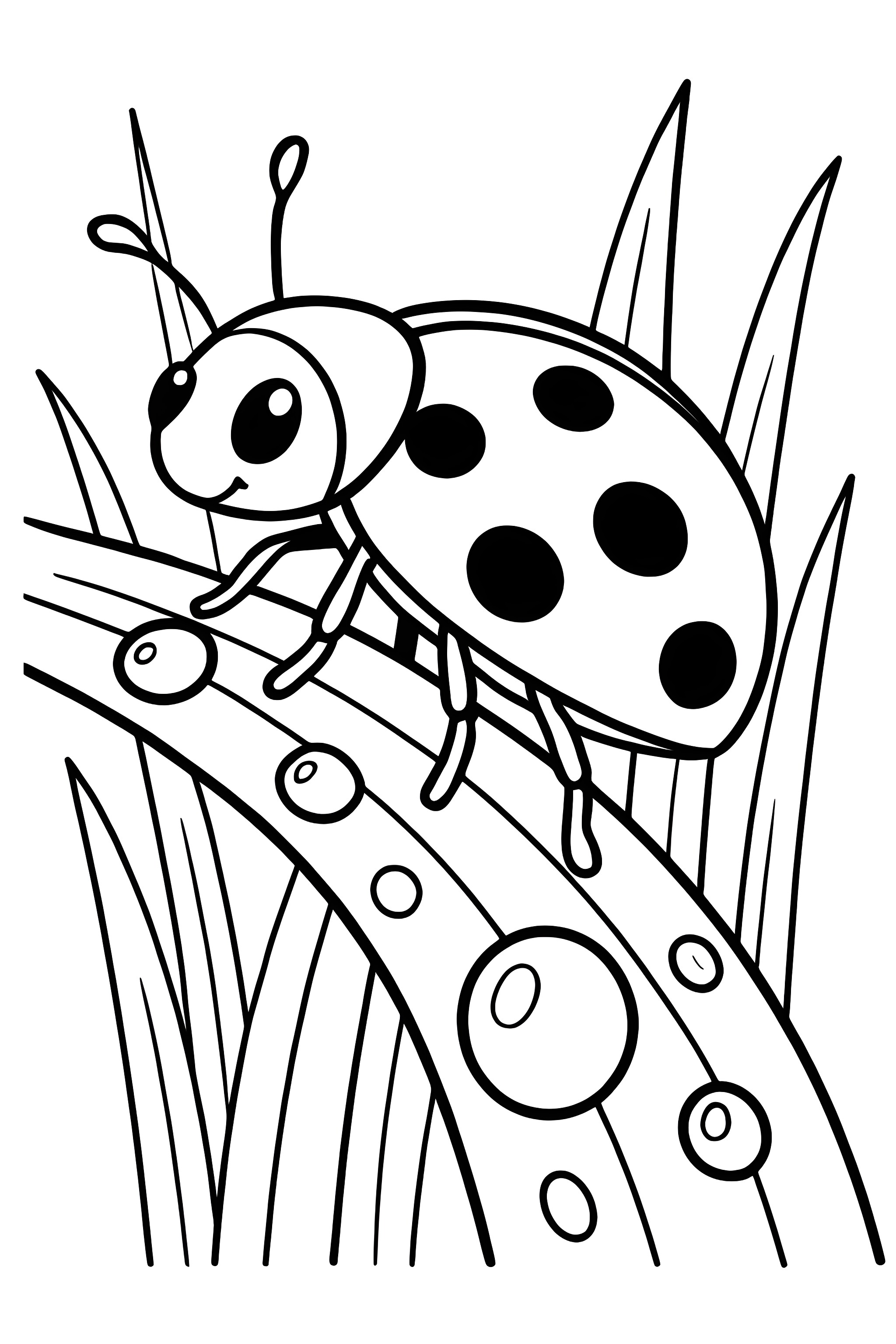 Coloring page of a ladybug sitting on a blade of grass adorned with dew drops