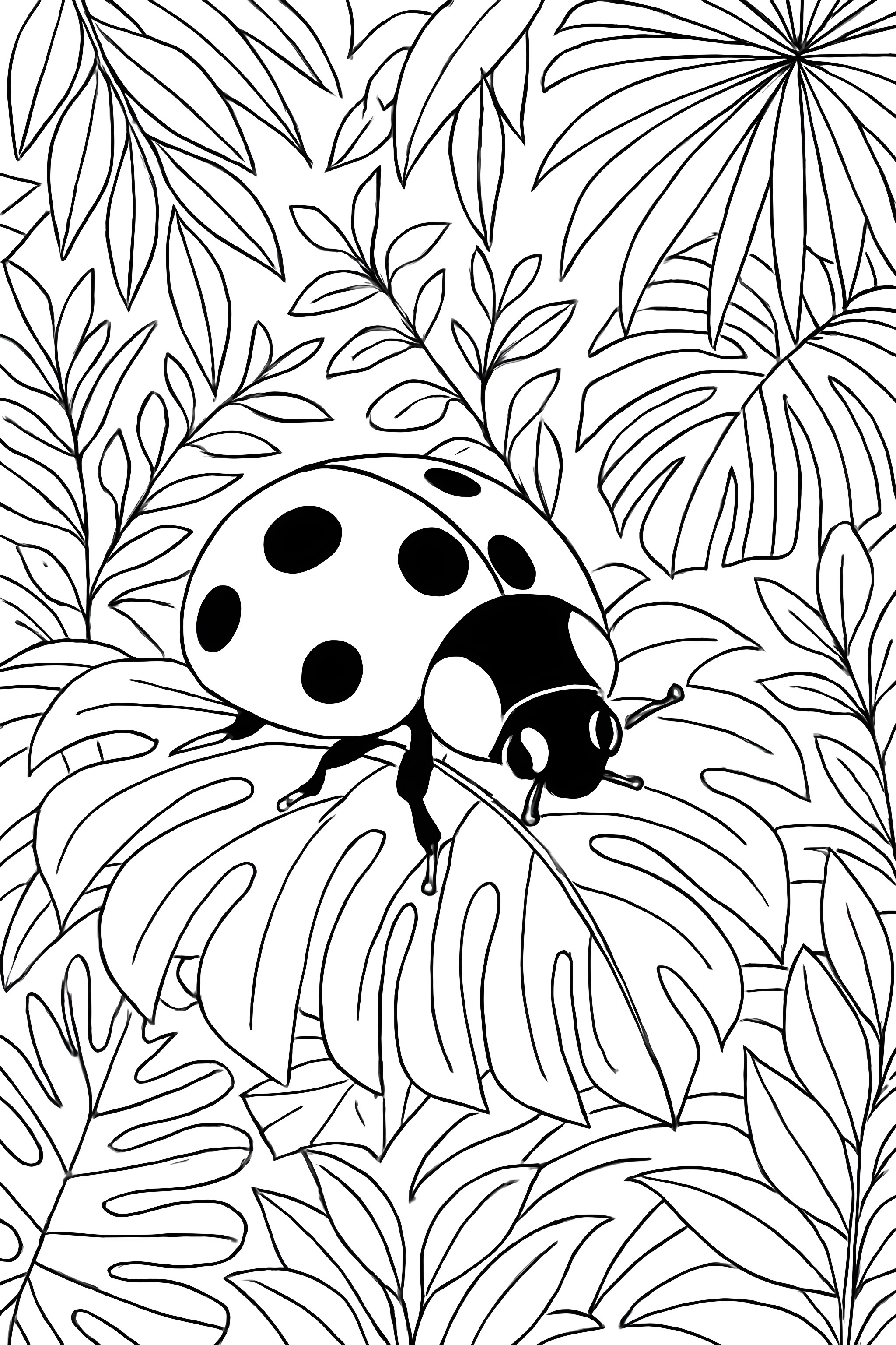 Coloring page featuring a ladybug resting on large green leaves amidst intricate rainforest foliage