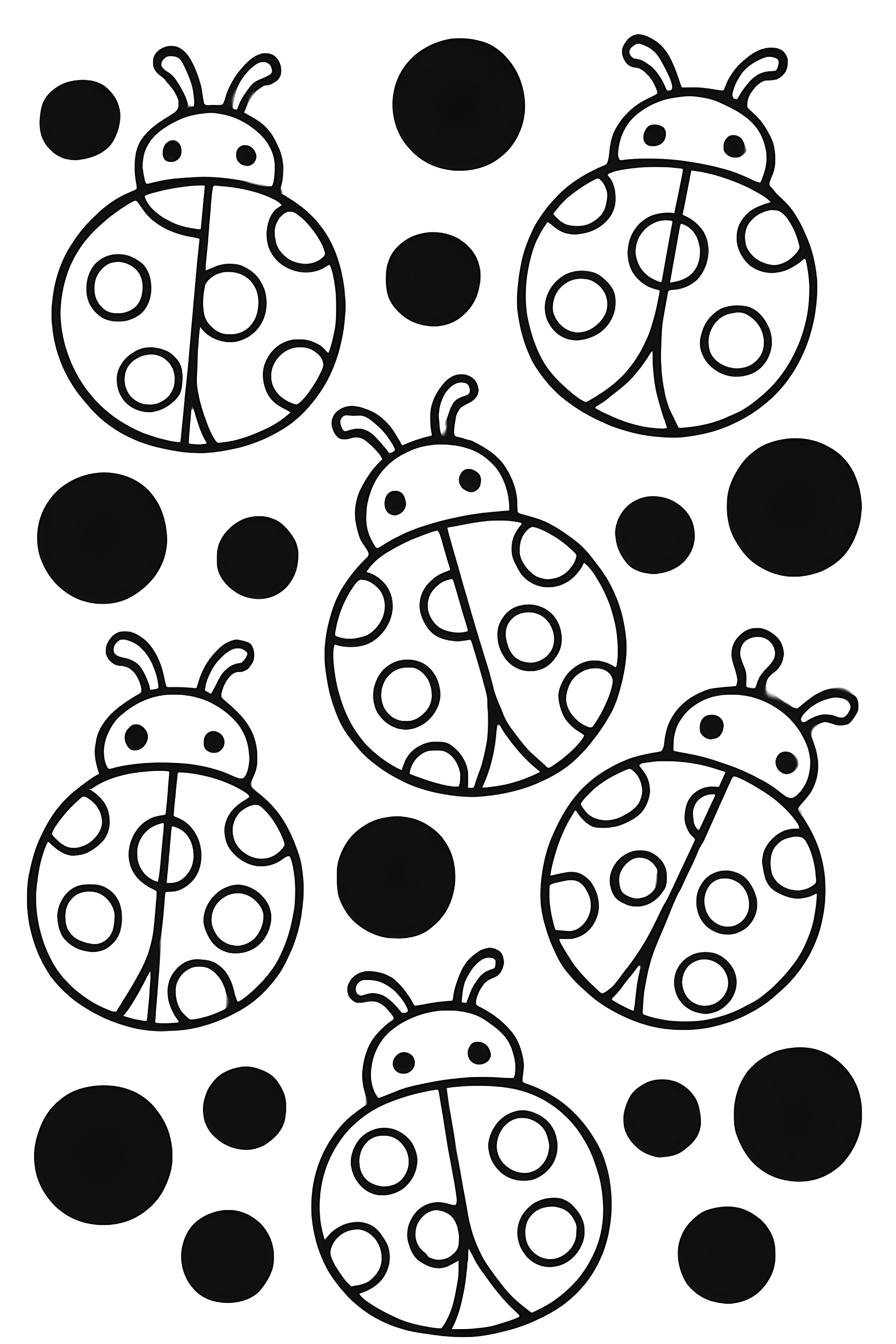 Coloring page featuring alternating ladybug outlines and solid black dots in a polka dot pattern