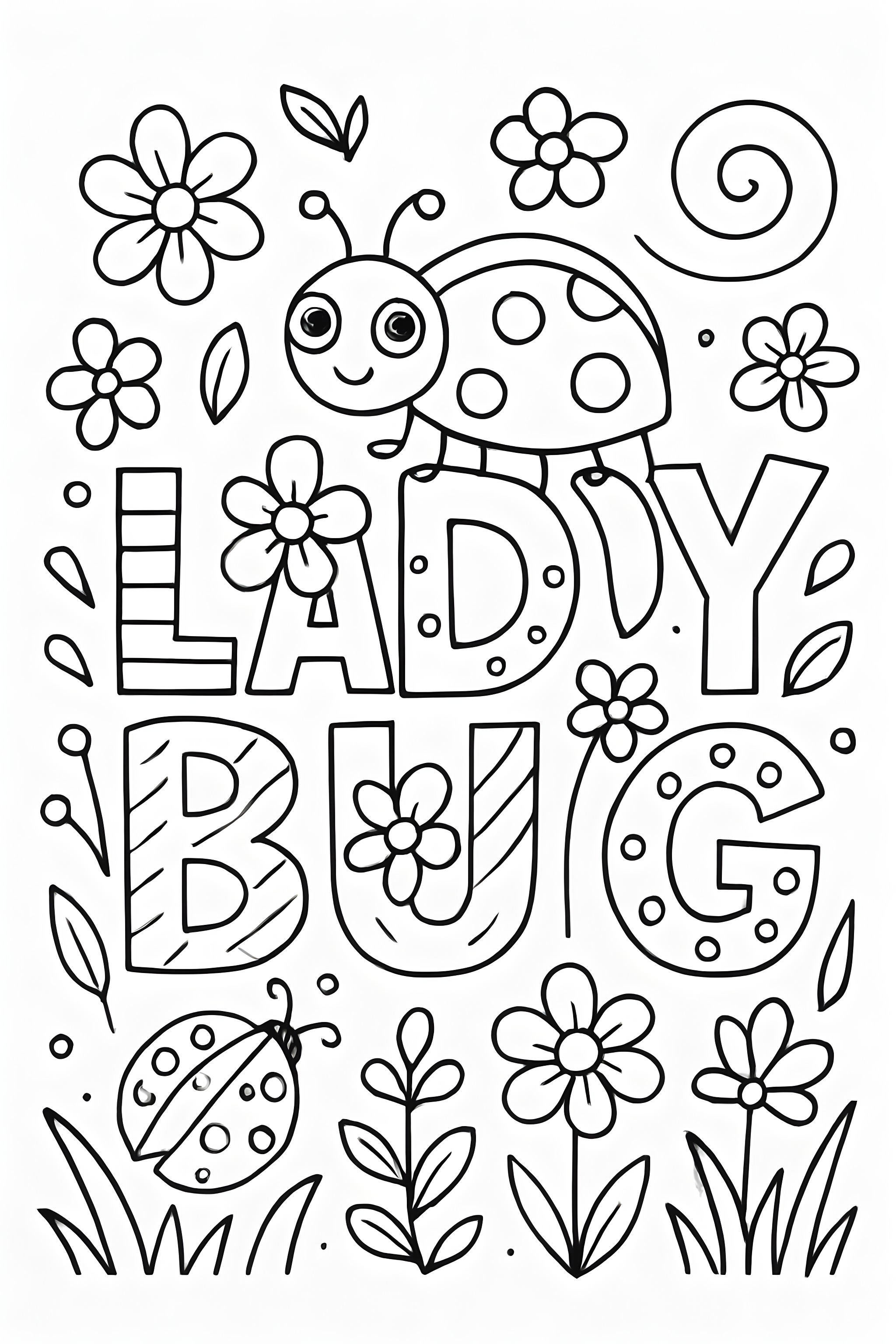 Coloring page featuring the word 'Ladybug' surrounded by flowers and a ladybug illustration