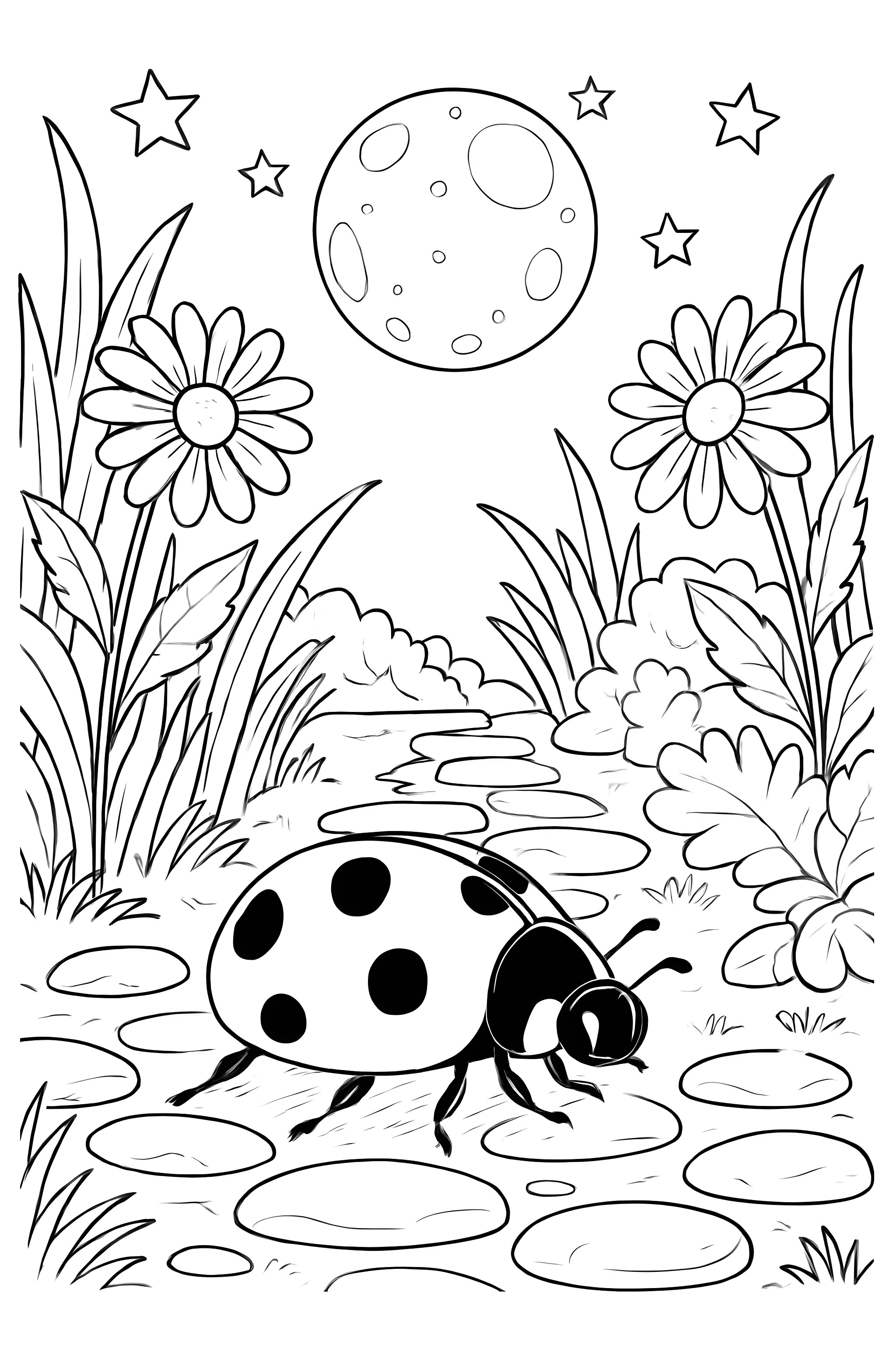 A ladybug crossing a garden path under the moonlight with flowers, grass, and stars in the background