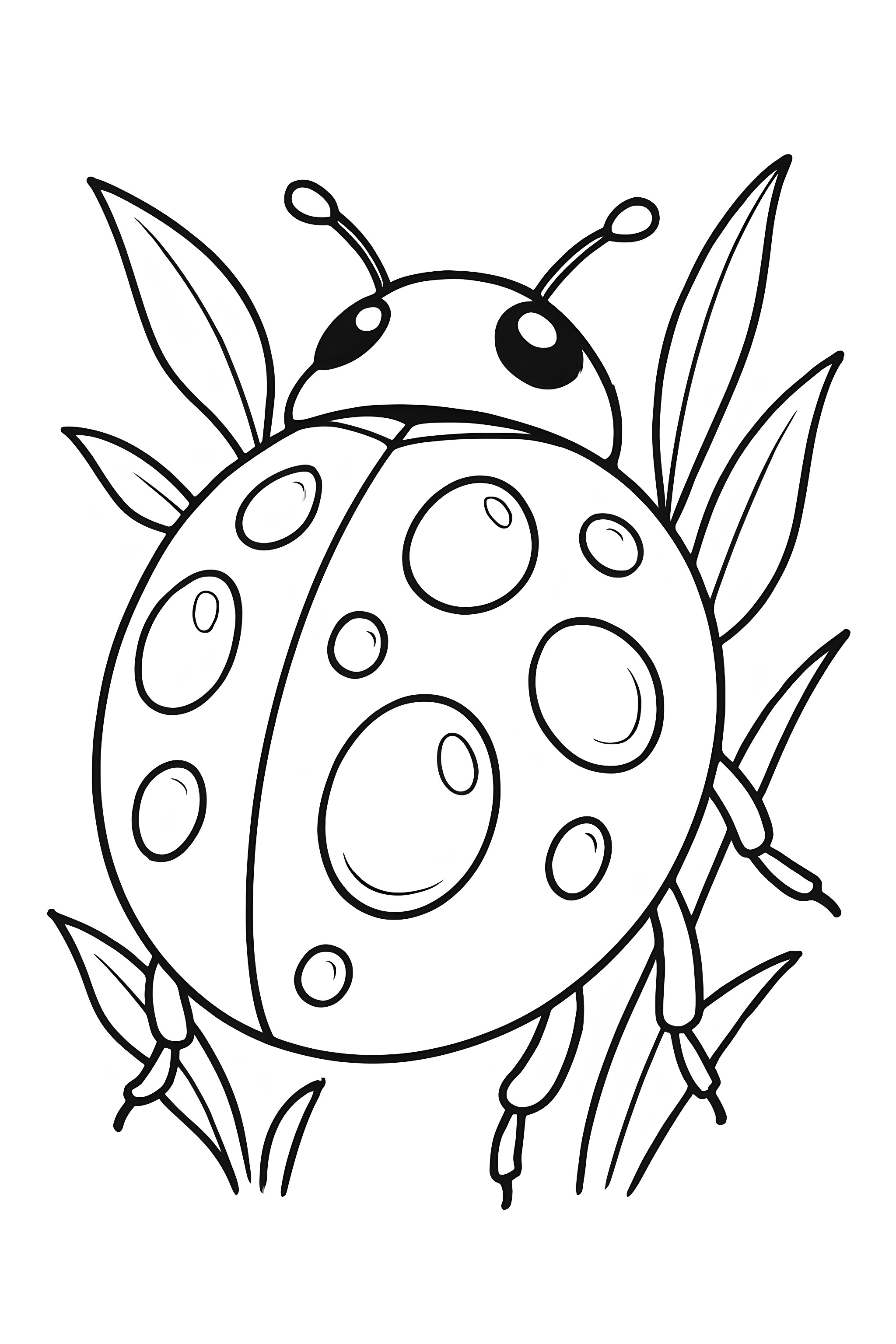 Coloring page of a ladybug resting among leaves, featuring dew drops on its shell