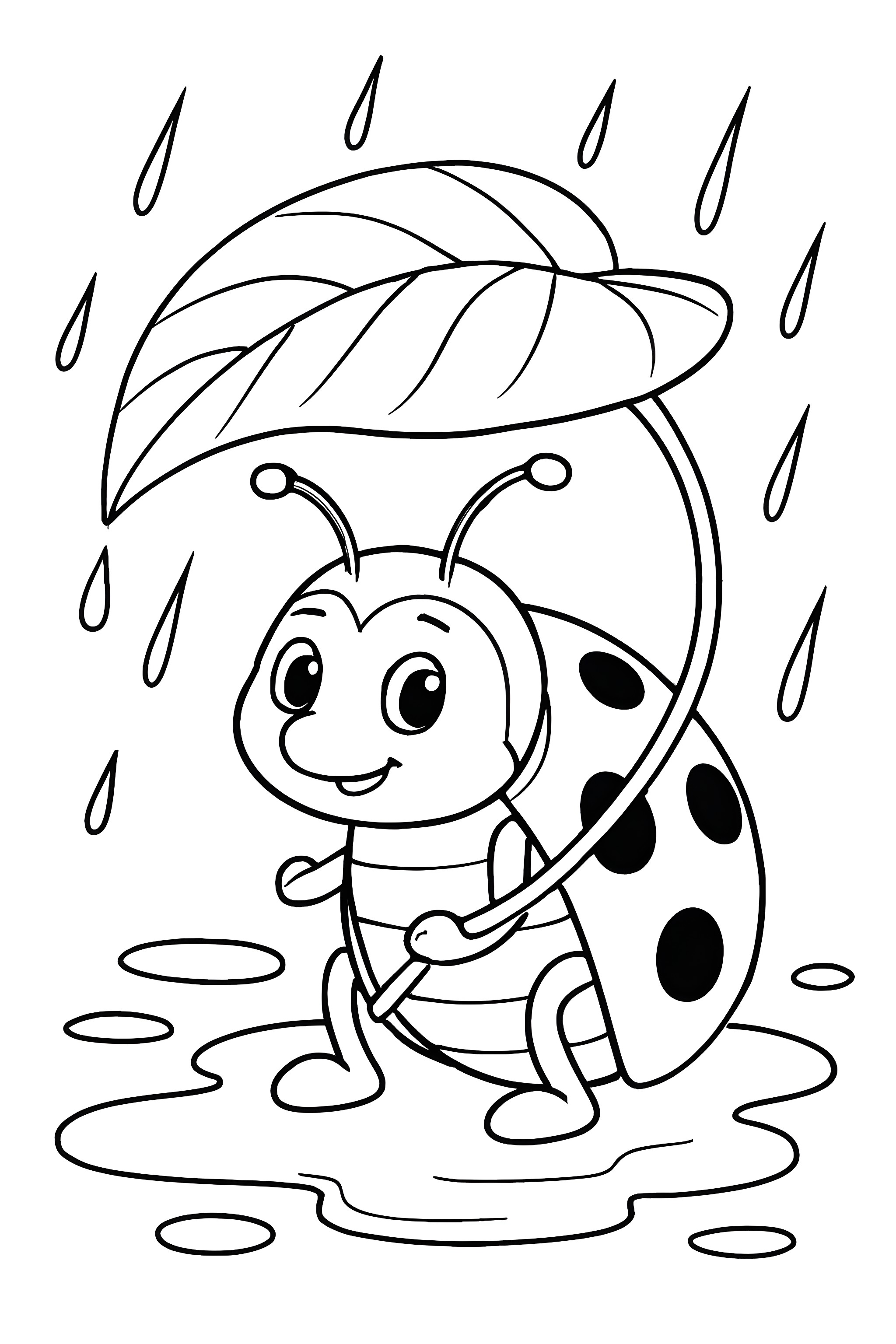 A ladybug holding a leaf umbrella while sitting in a puddle during rainfall
