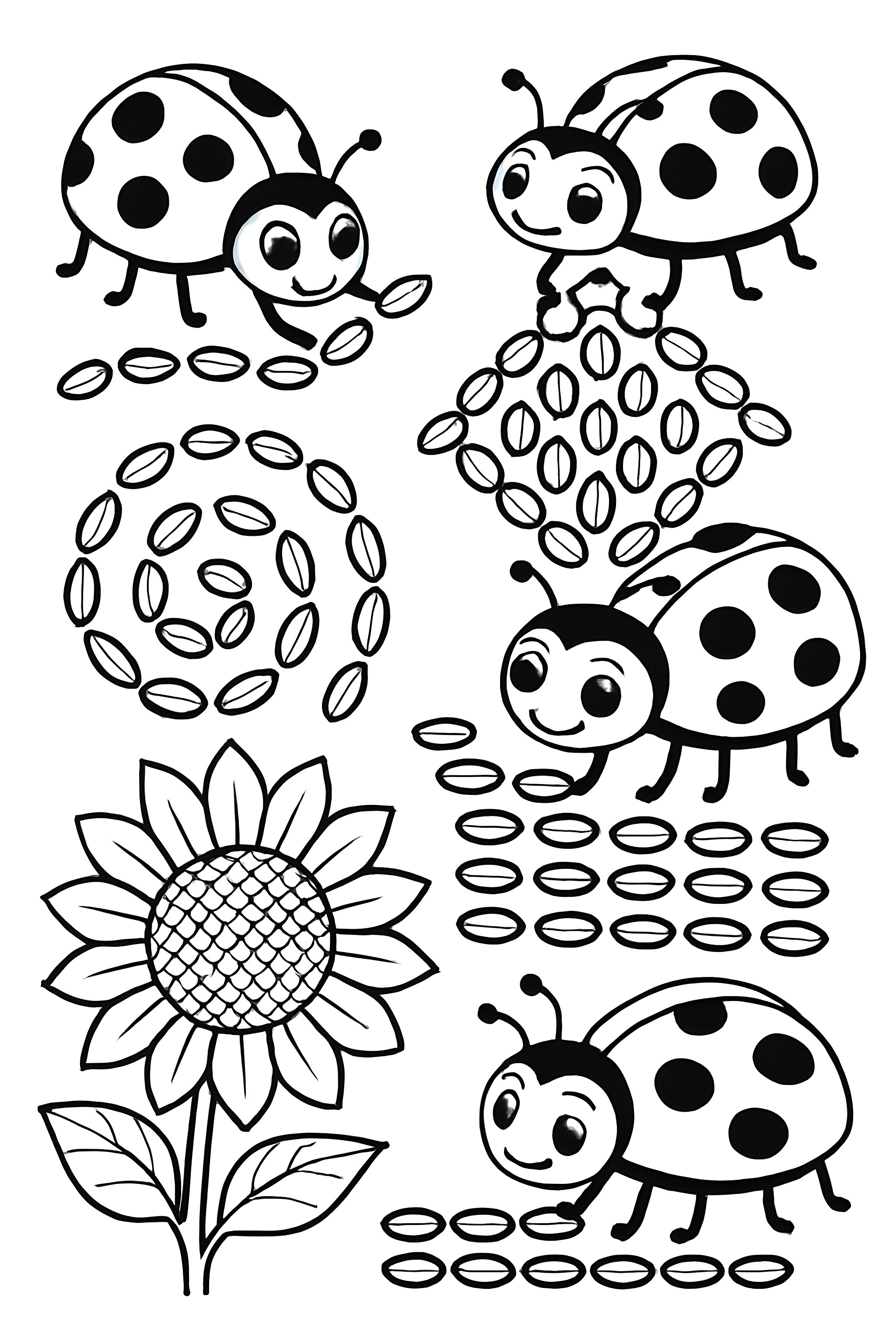 Coloring page featuring ladybugs arranging sunflower seeds in circular and diamond patterns around a sunflower