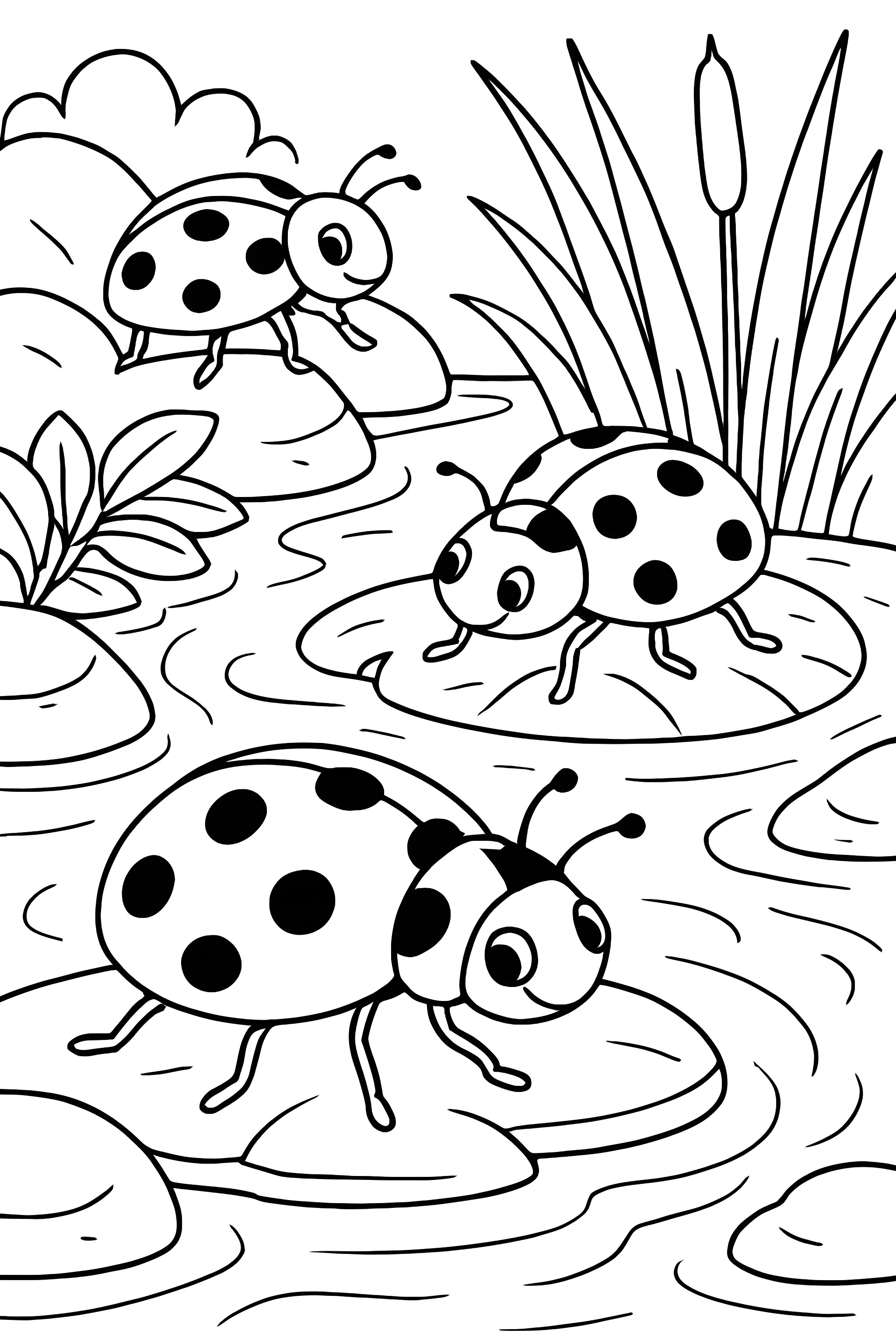 Coloring page of ladybugs on rocks around a small pond with plants and water.