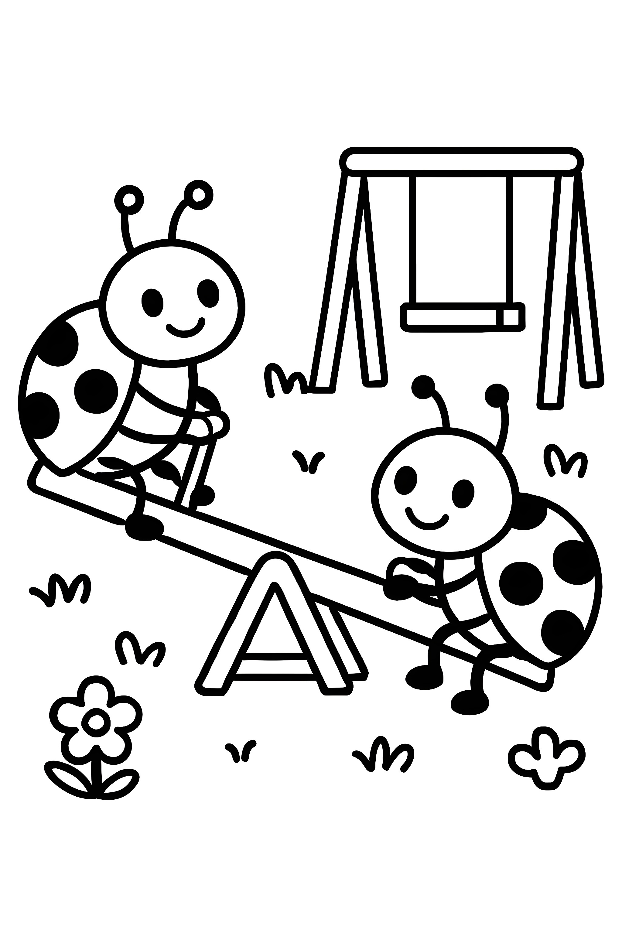 Coloring page of two ladybugs playing on a seesaw surrounded by grass, flowers, and a swing set in a tiny playground