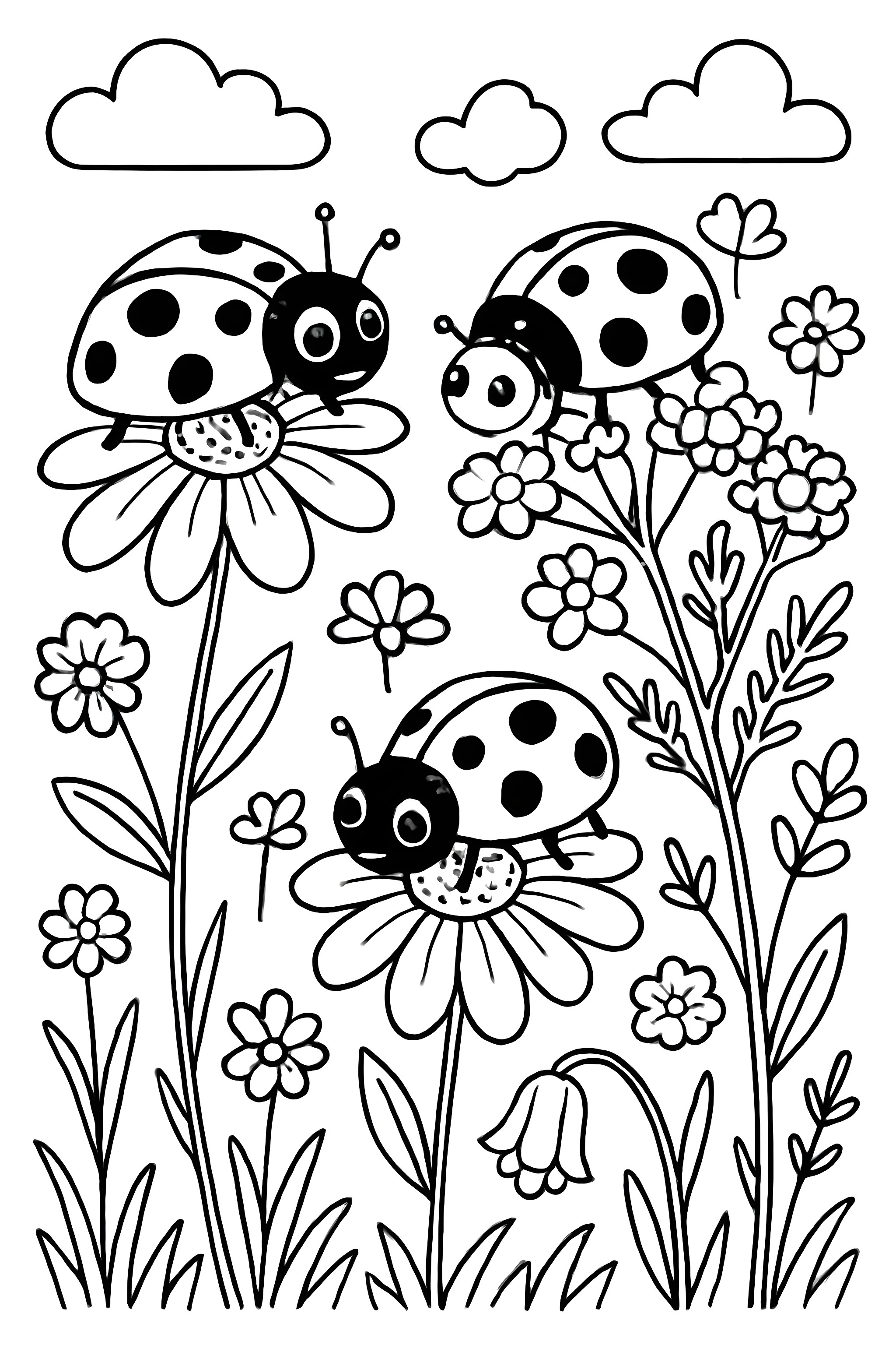 Coloring page featuring three ladybugs on wildflowers in a meadow with clouds above