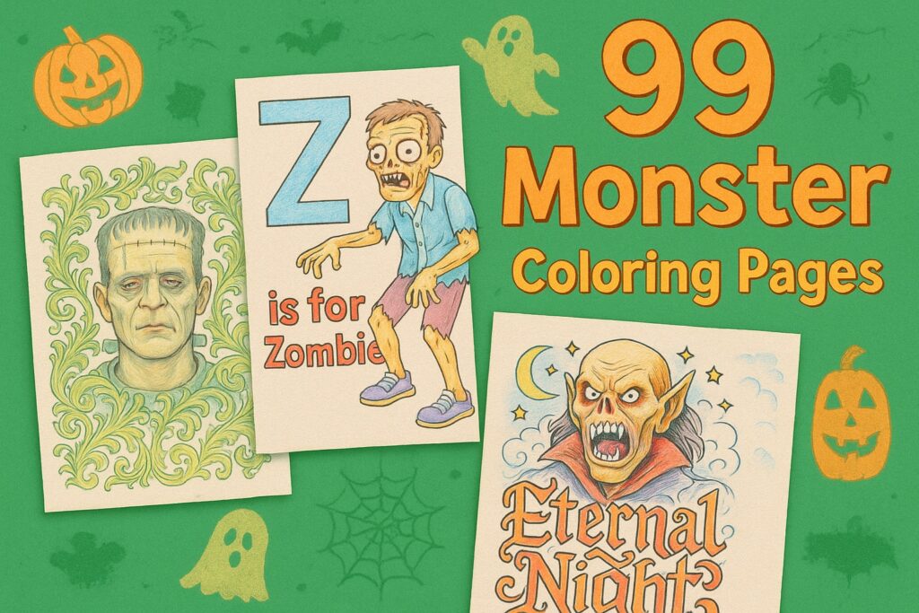 Monster coloring designs featuring Frankenstein, a cartoon zombie with 'Z is for Zombie,' and a vampire illustration labeled Eternal Night, free printable collection.