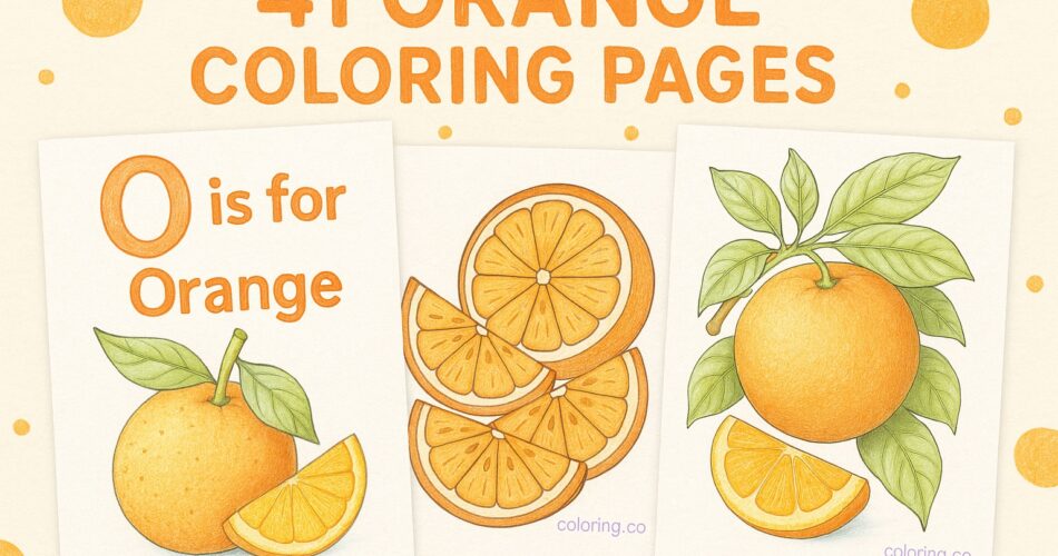 Three orange coloring pages featuring “O is for Orange,” sliced oranges, and a realistic orange with leaves.