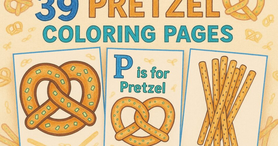 Illustrated banner showing “39 Pretzel Coloring Pages” with three sample designs of a salted pretzel, a “P is for Pretzel” alphabet page, and a bundle of pretzel sticks.
