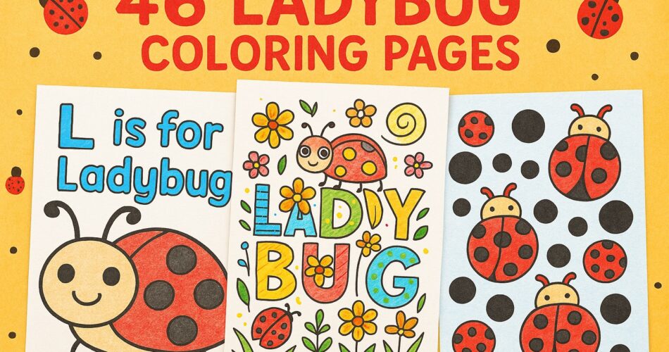 Featured image for the post ‘46 Ladybug Coloring Pages,’ showing three colored ladybug-themed coloring sheets on a yellow background with small ladybug motifs.