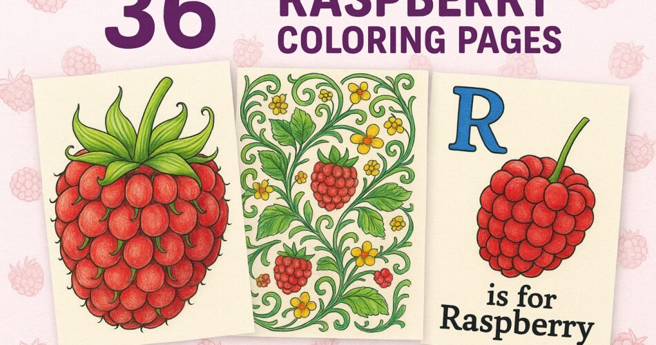 Illustration showing three completed raspberry coloring pages: a large single raspberry, a decorative vine with leaves and blossoms, and an alphabet page reading “R is for Raspberry.” Text above reads “36 Raspberry Coloring Pages” with light raspberry patterns in the background.
