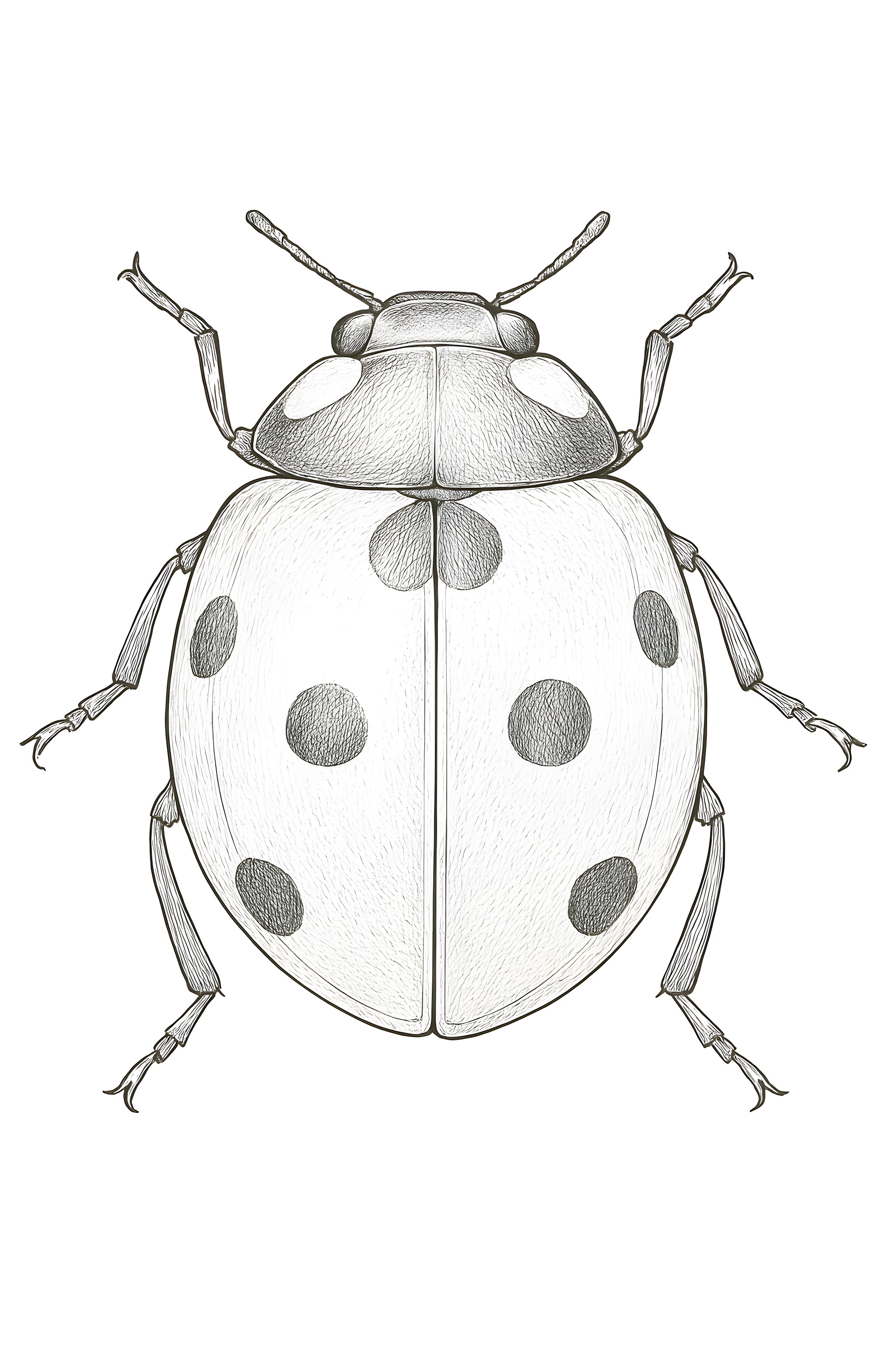 Coloring page featuring a detailed, realistic ladybug with distinctive black dots on a white shell