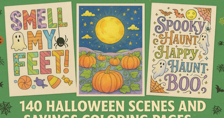 140 free printable Halloween coloring pages featuring scenes, sayings and signs