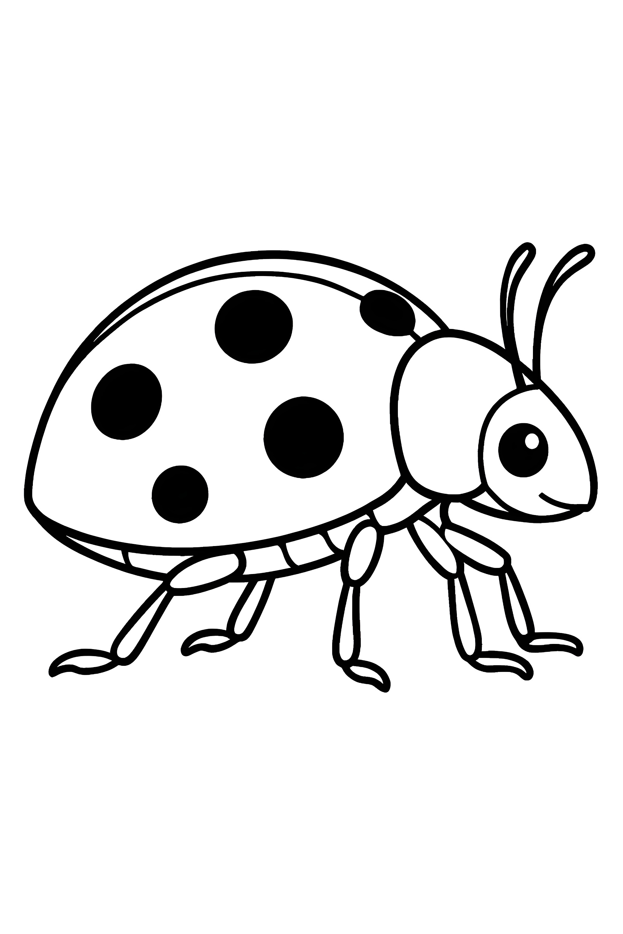 Coloring page of a ladybug seen from the side, featuring a rounded body, six legs, and large eyes, decorated with black spots on its wing covers.