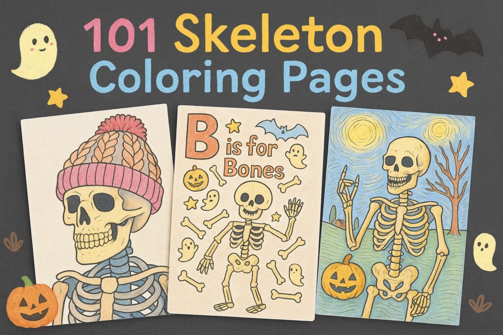 Skeleton coloring pages featuring a skeleton in a rainbow beanie, a 'B is for Bones' alphabet design with Halloween icons, and a skeleton in a starry night scene, free printable collection.