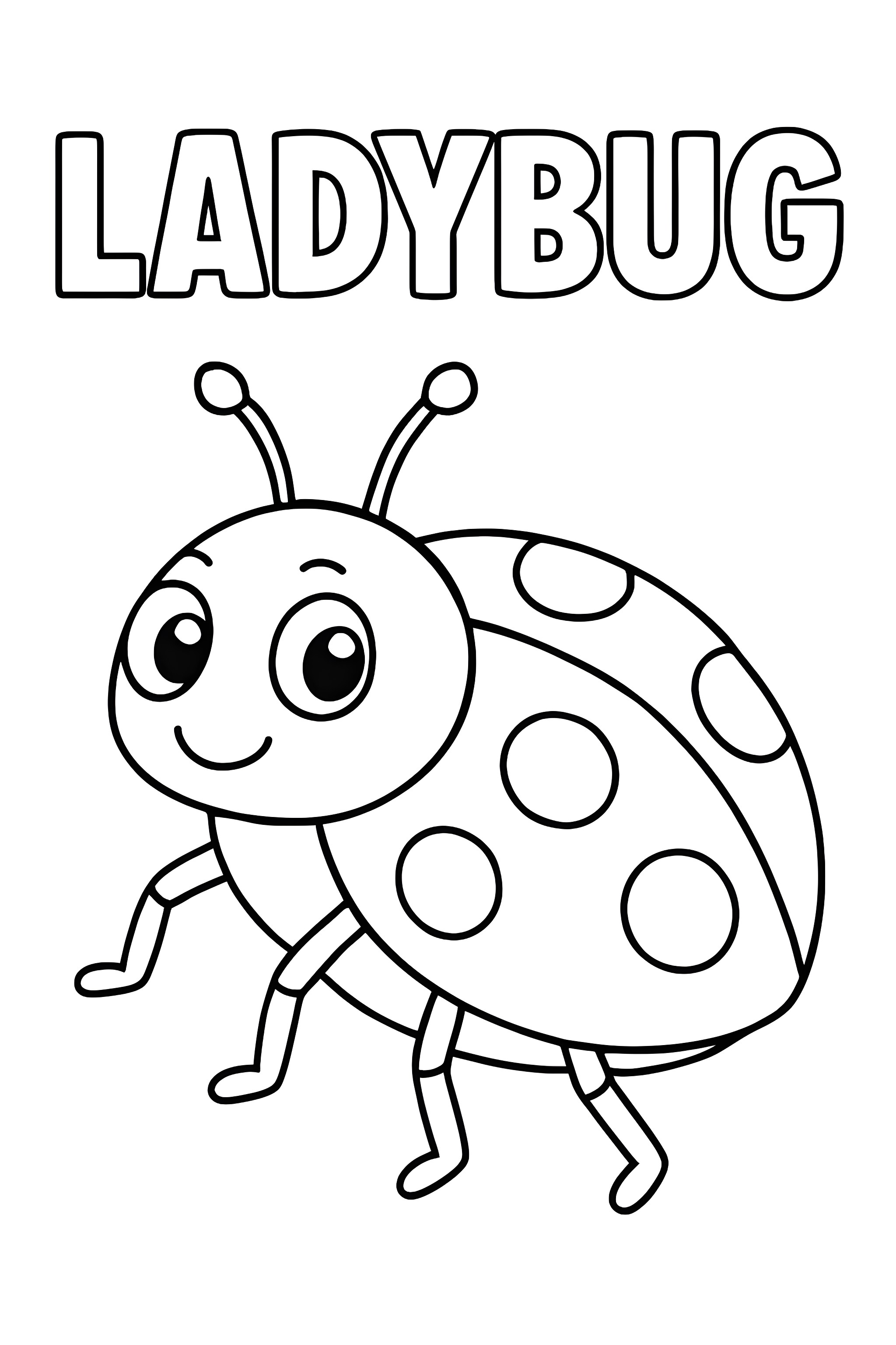 Coloring page featuring a smiling ladybug with large eyes and polka dots alongside bold block text that reads 'Ladybug'.