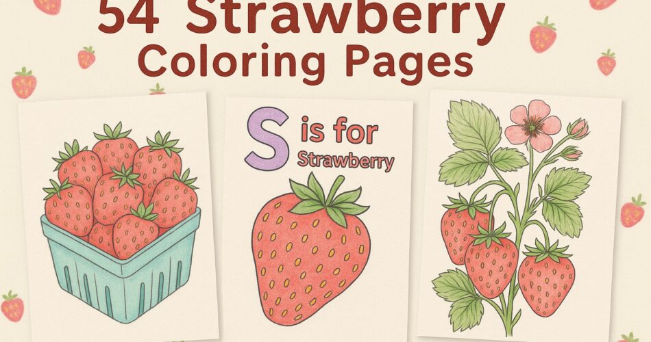 Three illustrated strawberry coloring pages are shown side by side. The left features a basket filled with strawberries, the center shows a large strawberry with the text “S is for Strawberry,” and the right depicts a detailed strawberry plant with leaves and blossoms.
