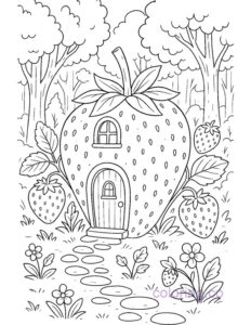 fairytale scene featuring a strawberry shaped cottage in a forest with strawberry motifs